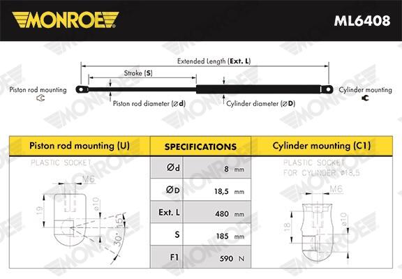 Ammortizzatore pneumatico, cofano bagagli /vano carico MONROE ML6408