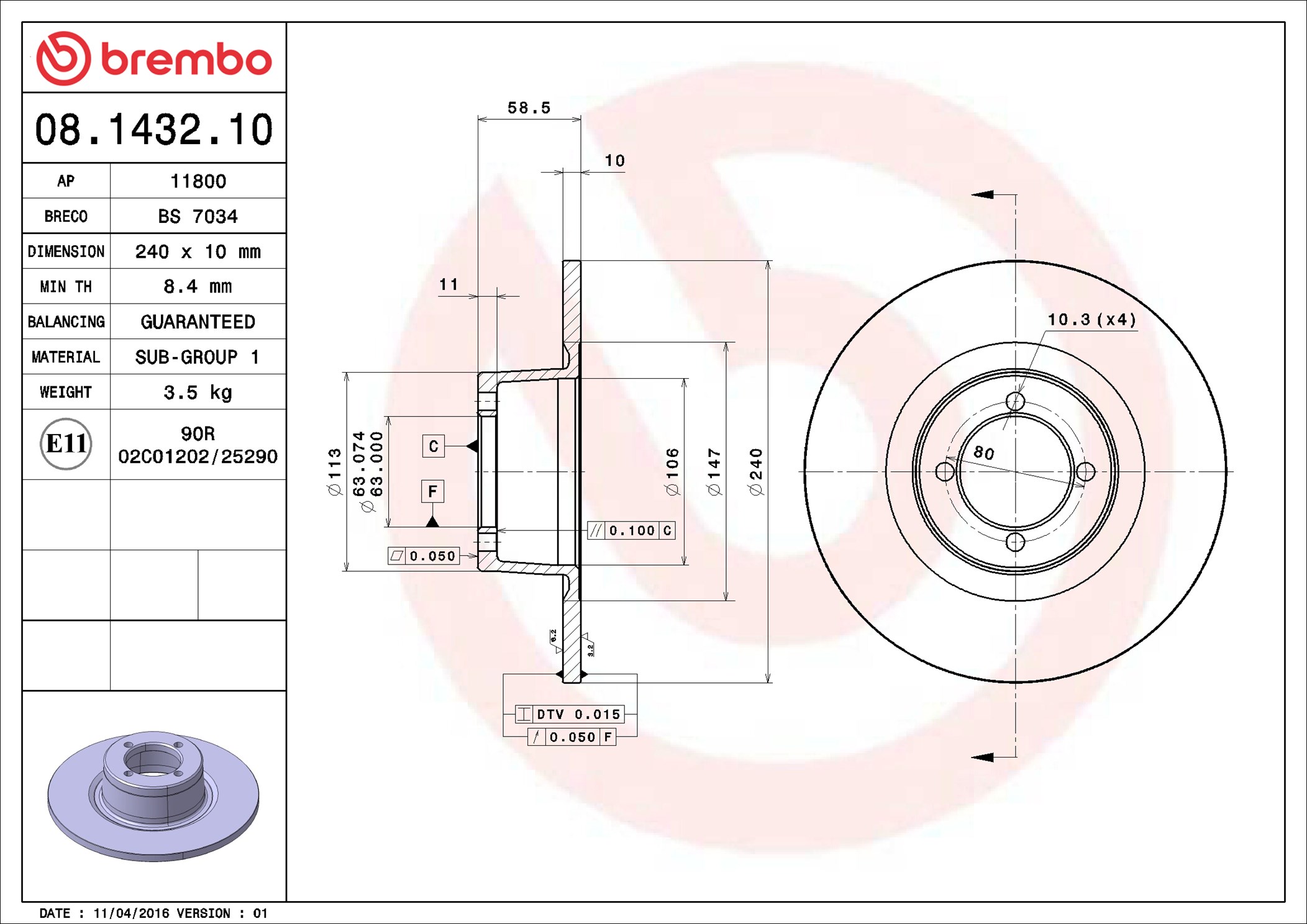 Disco freno BREMBO 08143210