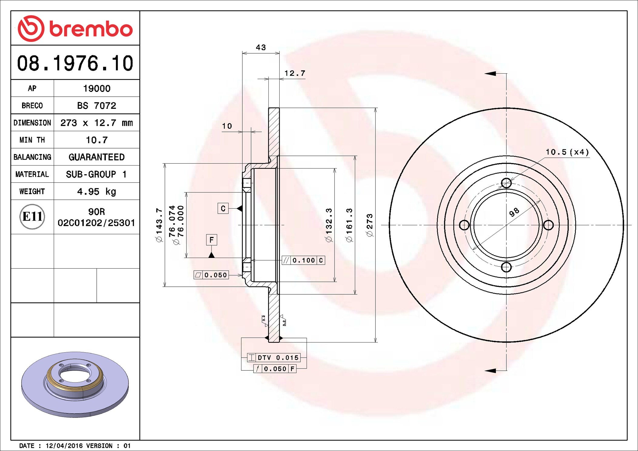 Disco freno BREMBO 08197610