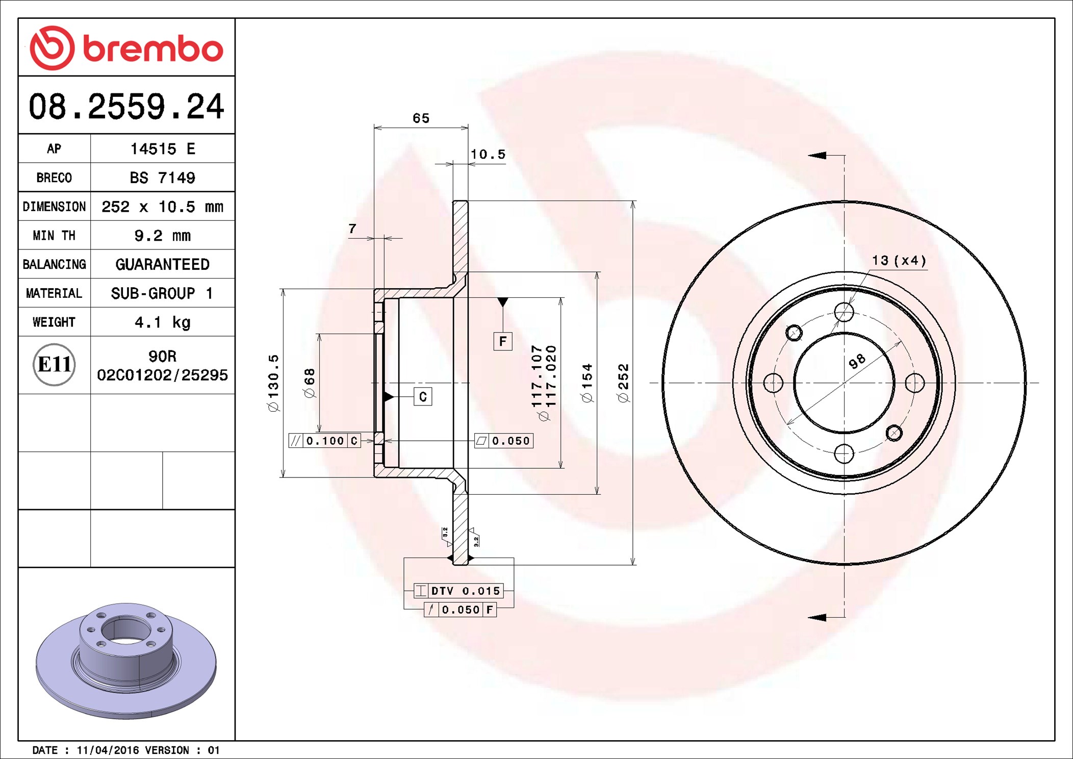 Disco freno BREMBO 08255924
