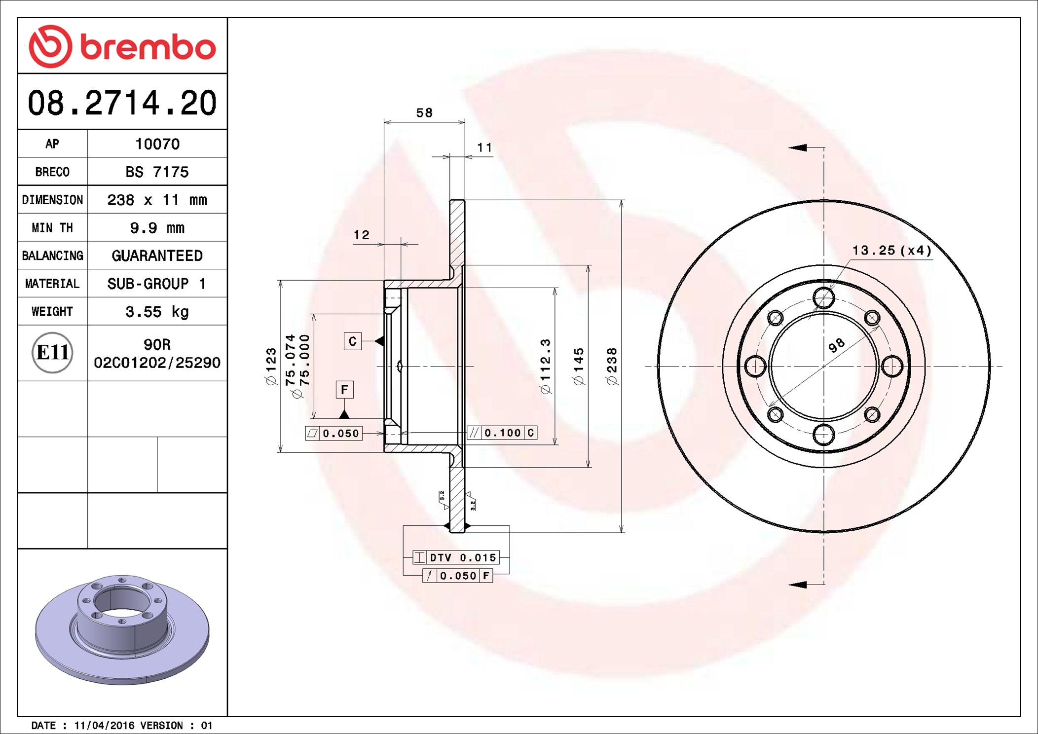 Disco freno BREMBO 08271420