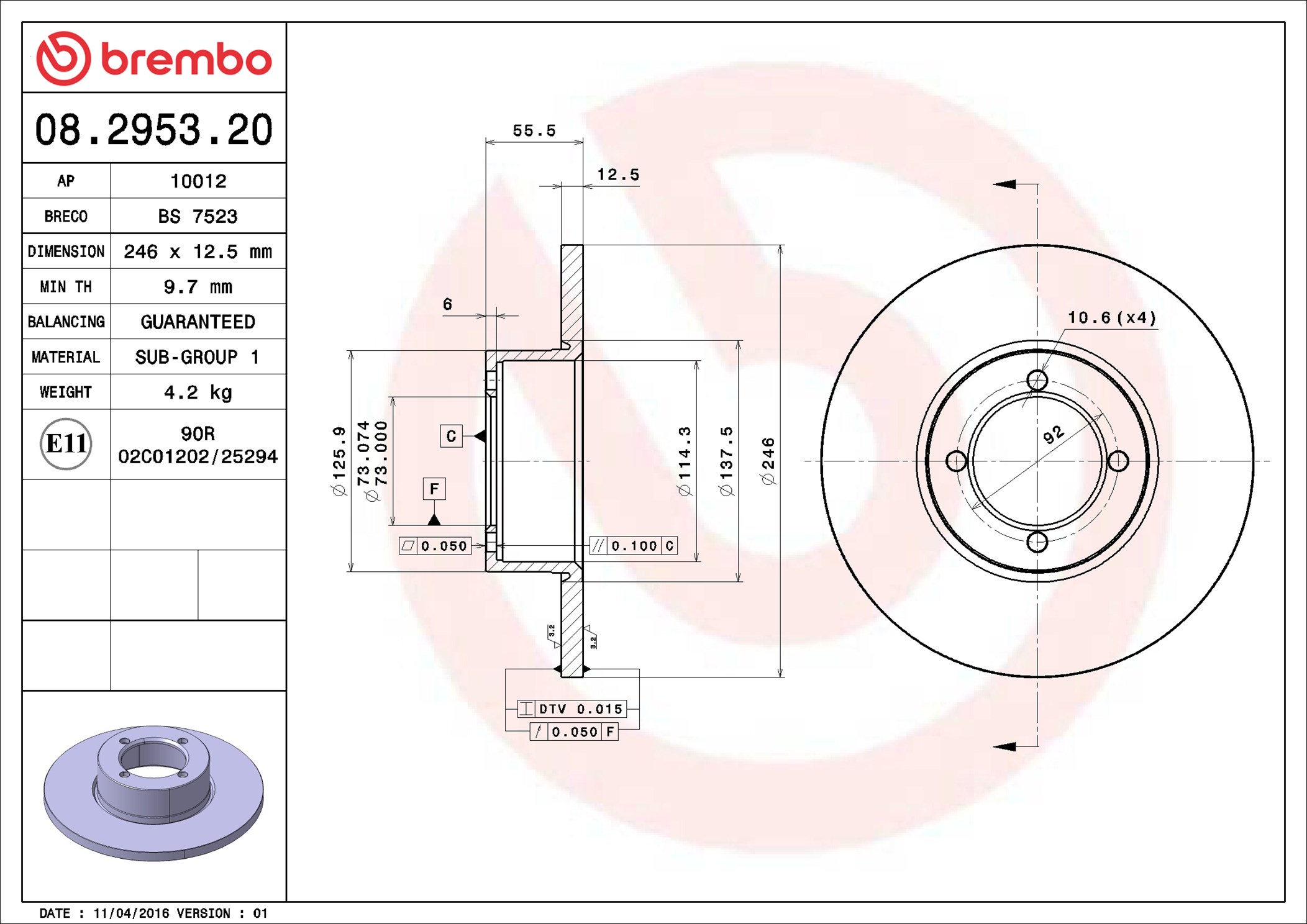 Disco freno BREMBO 08295320