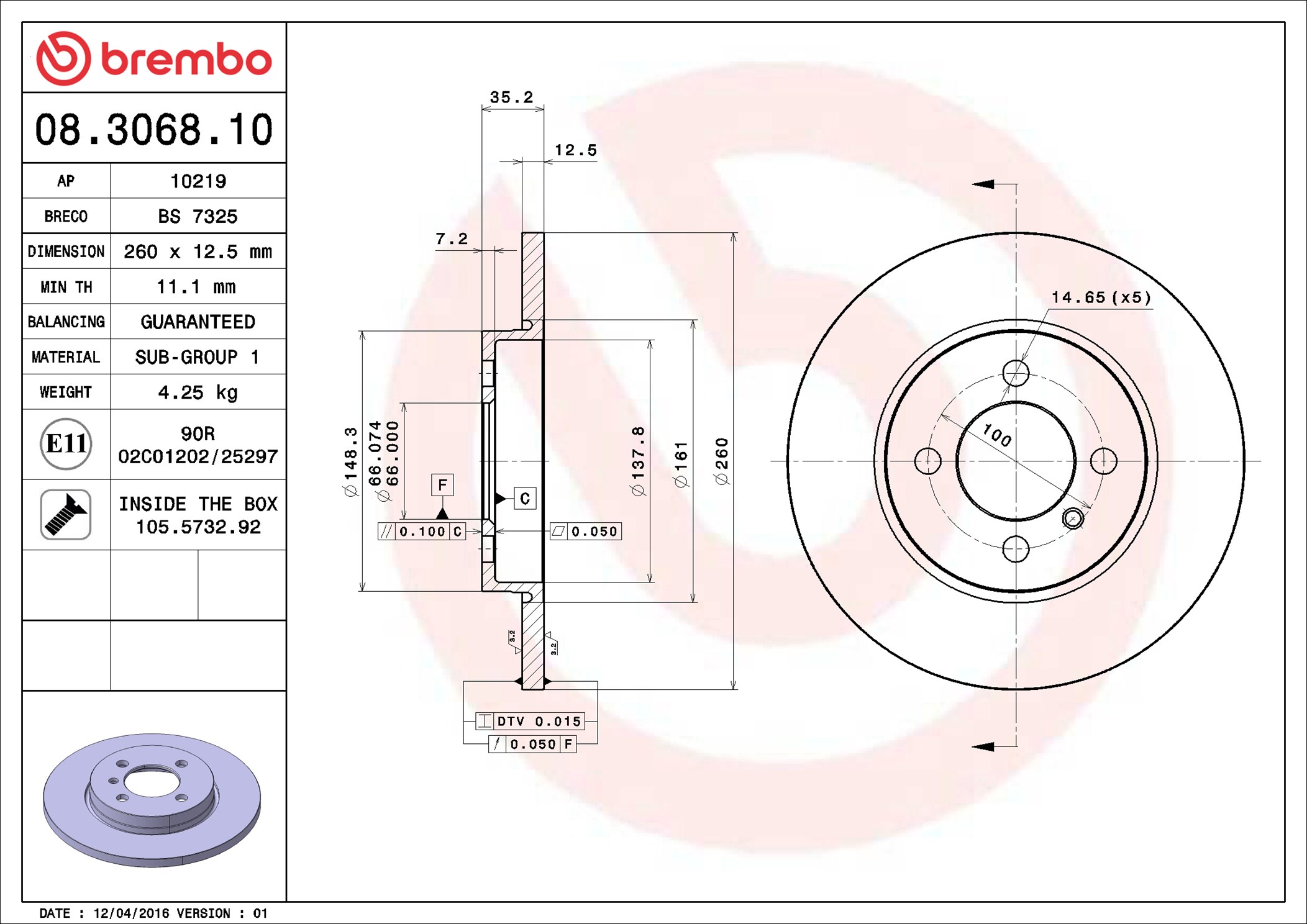 Disco freno BREMBO 08306810