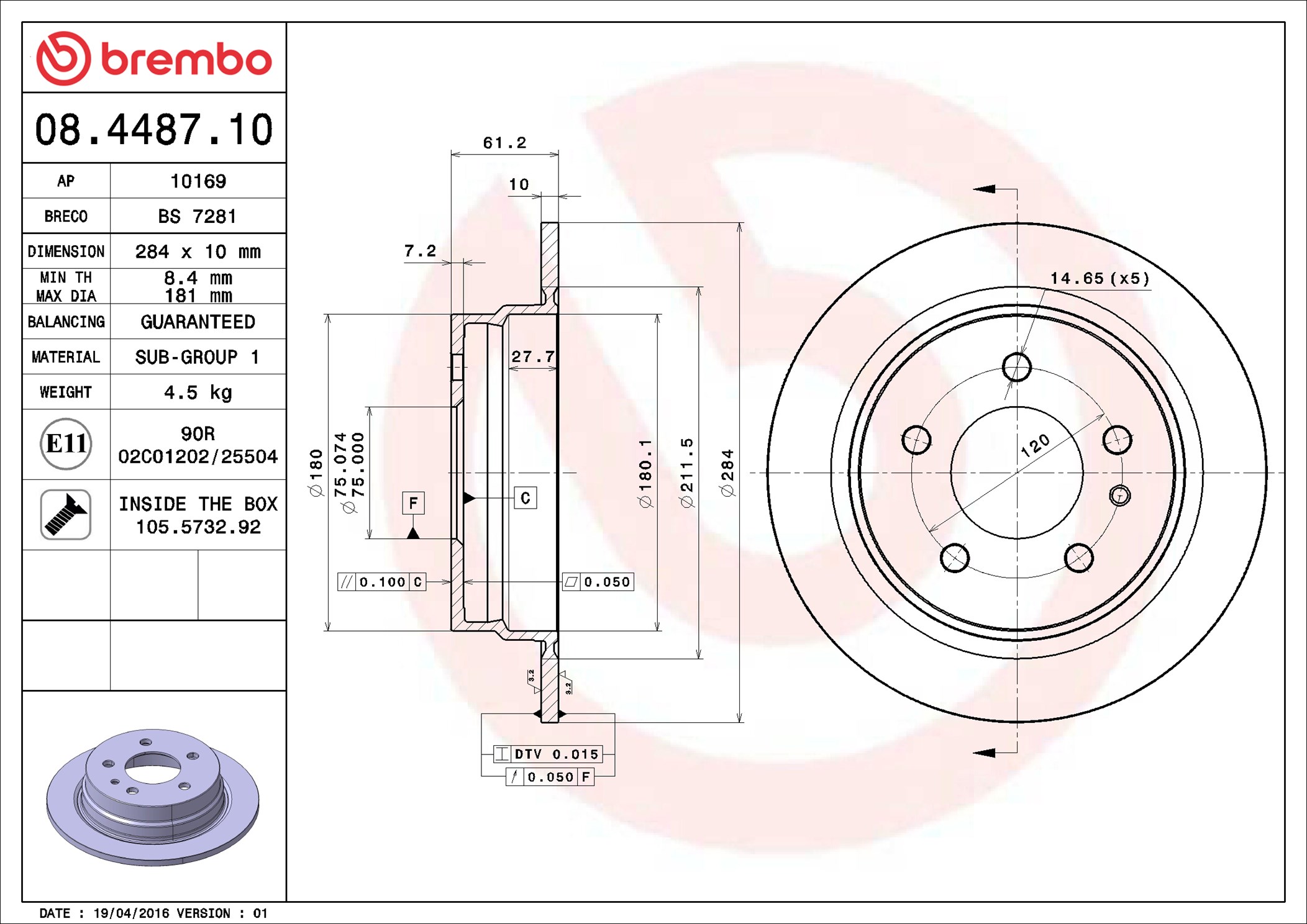 Disco freno BREMBO 08448710