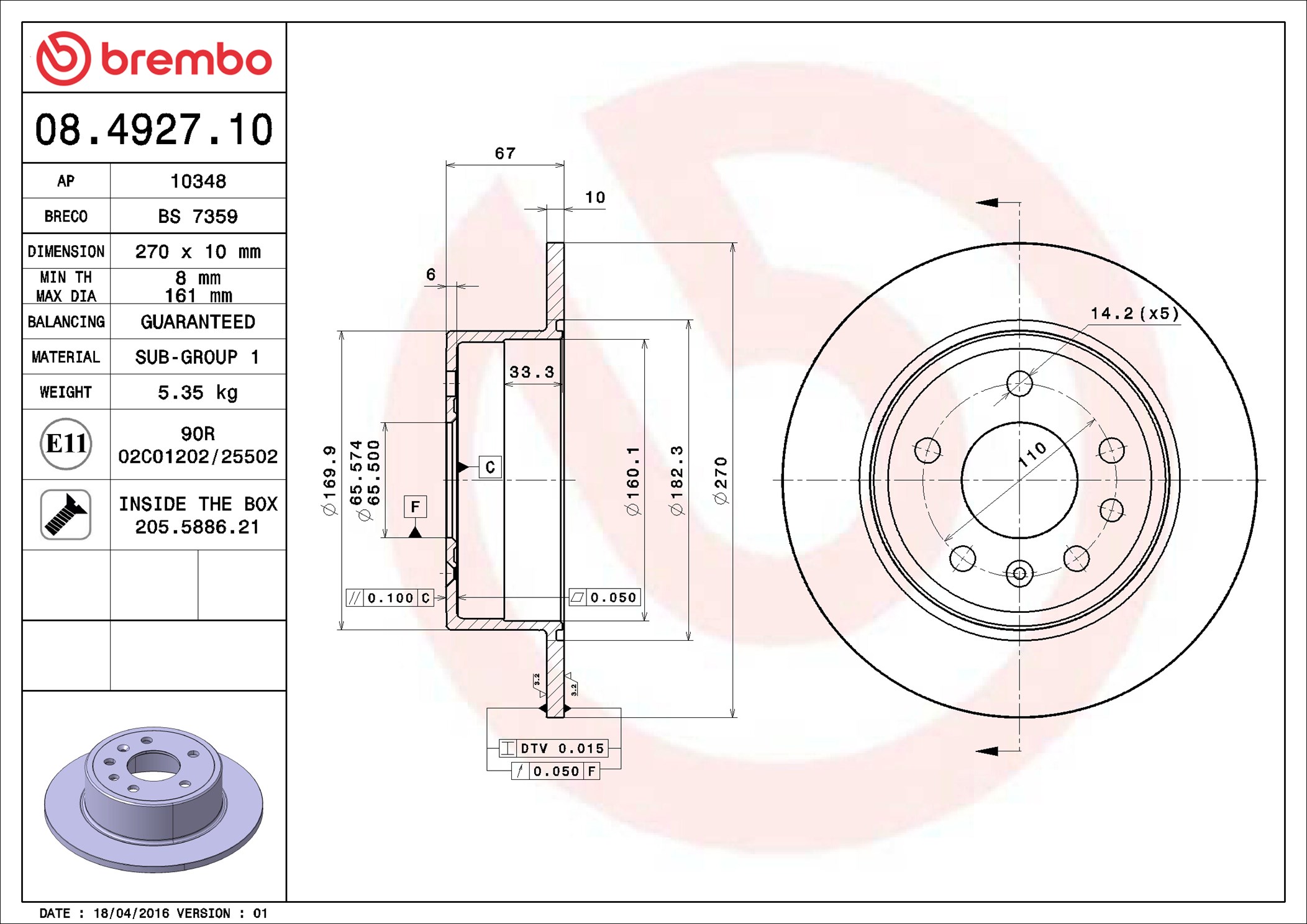 Disco freno BREMBO 08492710
