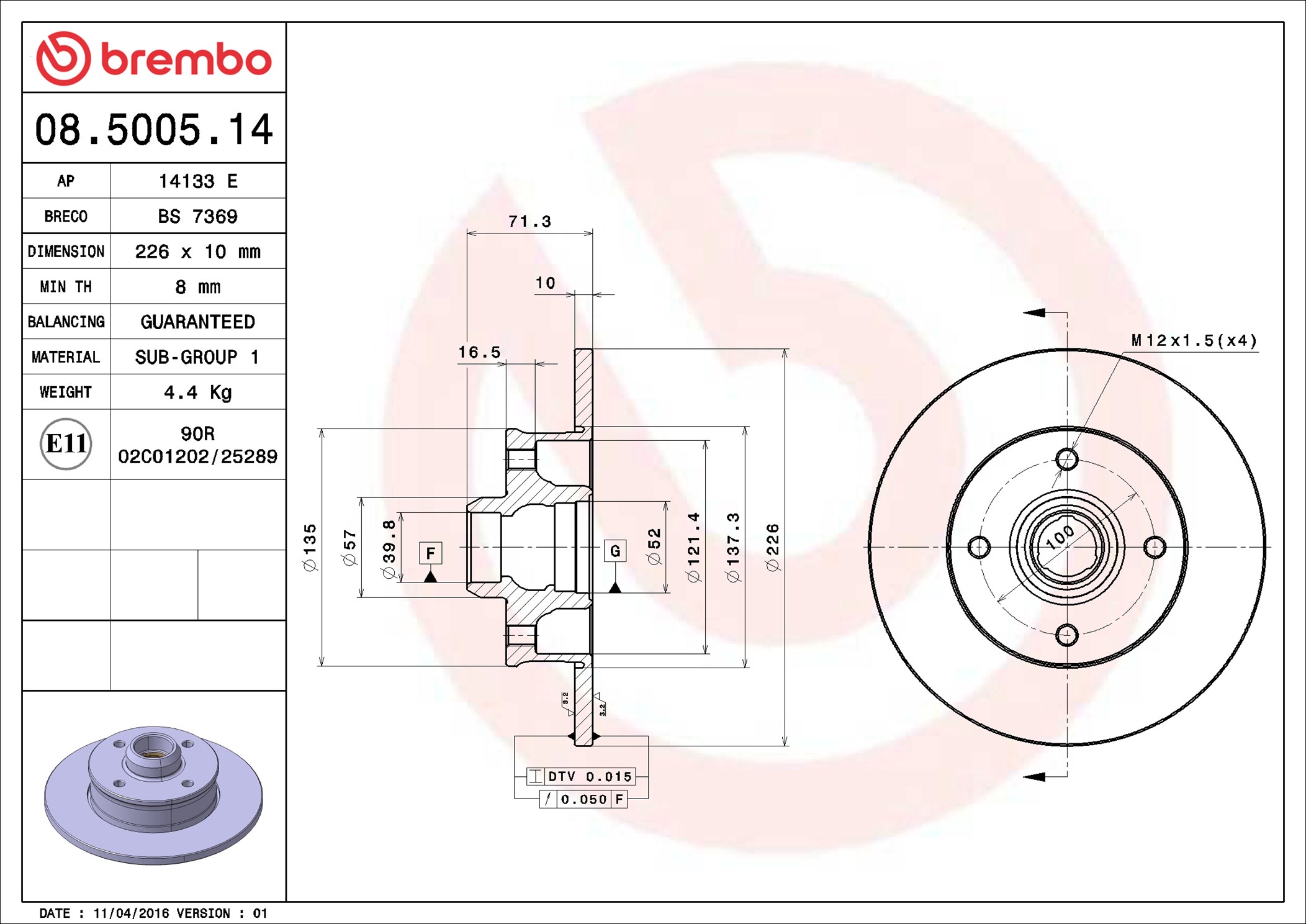 Disco freno BREMBO 08500514