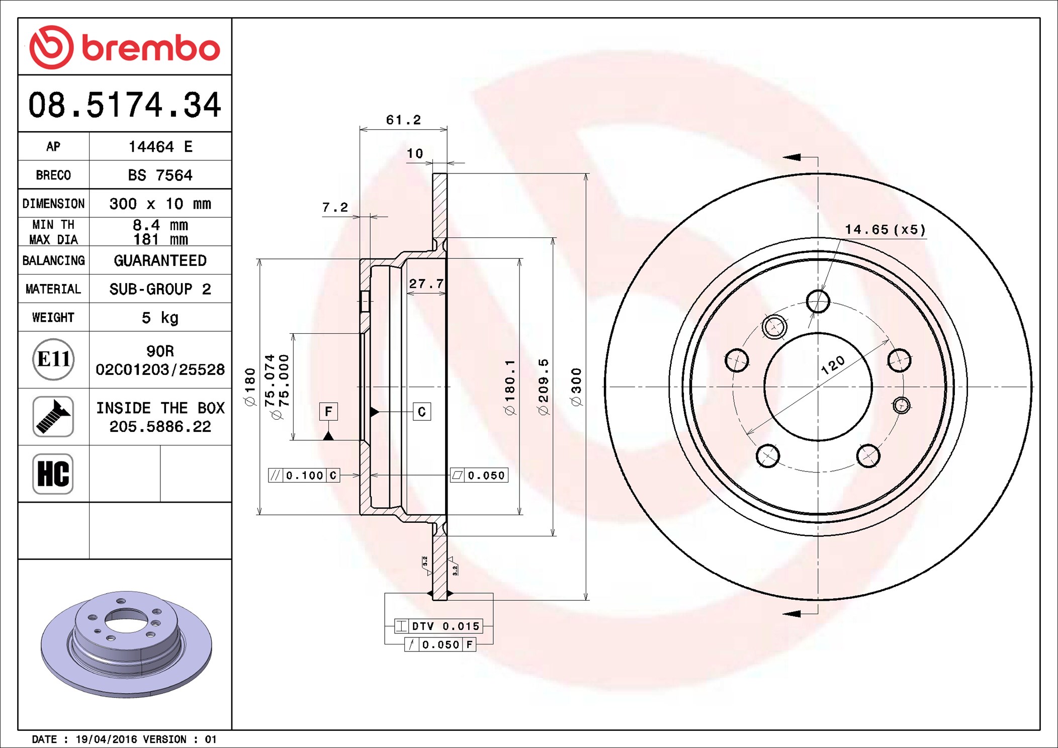 Disco freno BREMBO 08517434