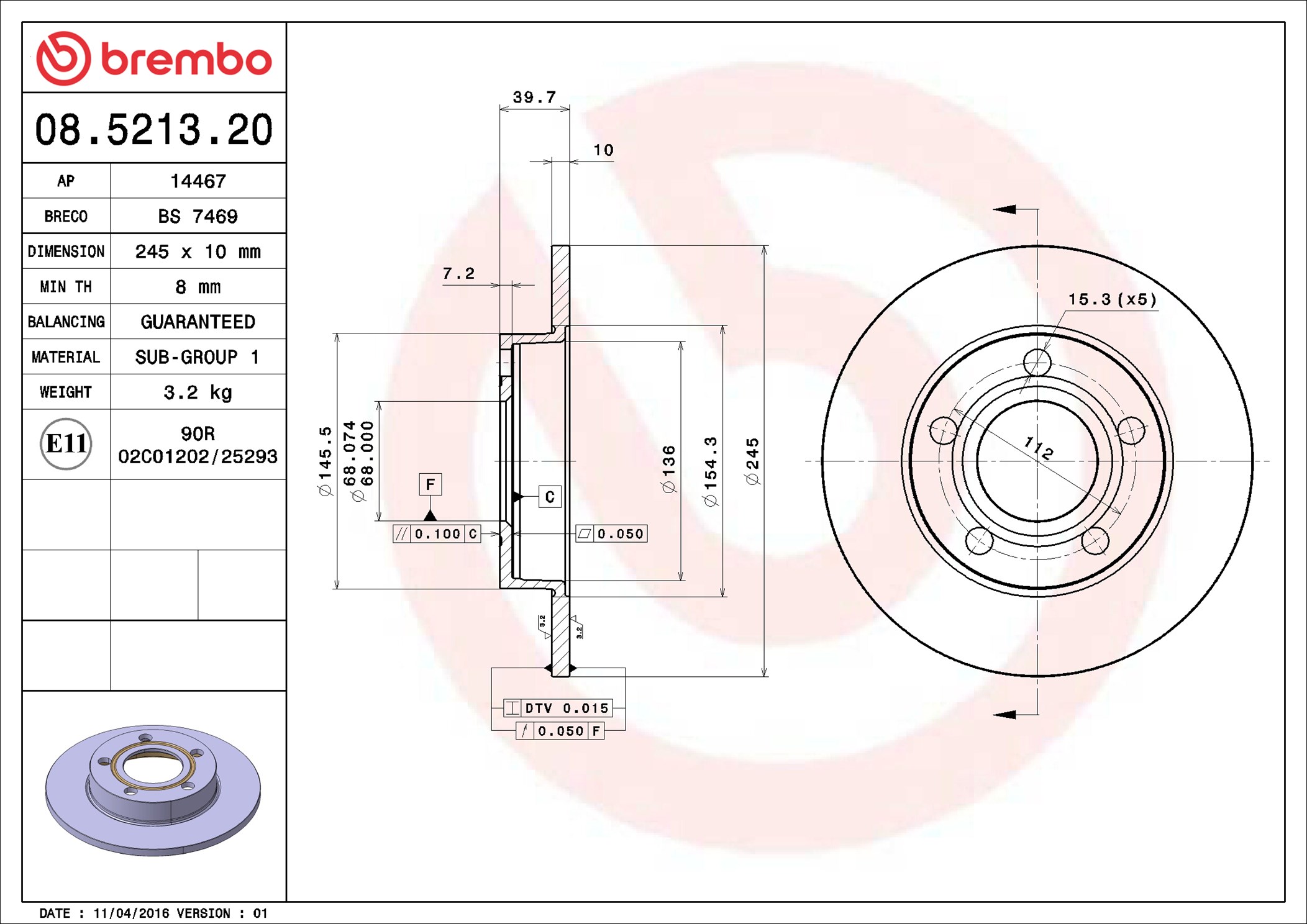 Disco freno BREMBO 08521320