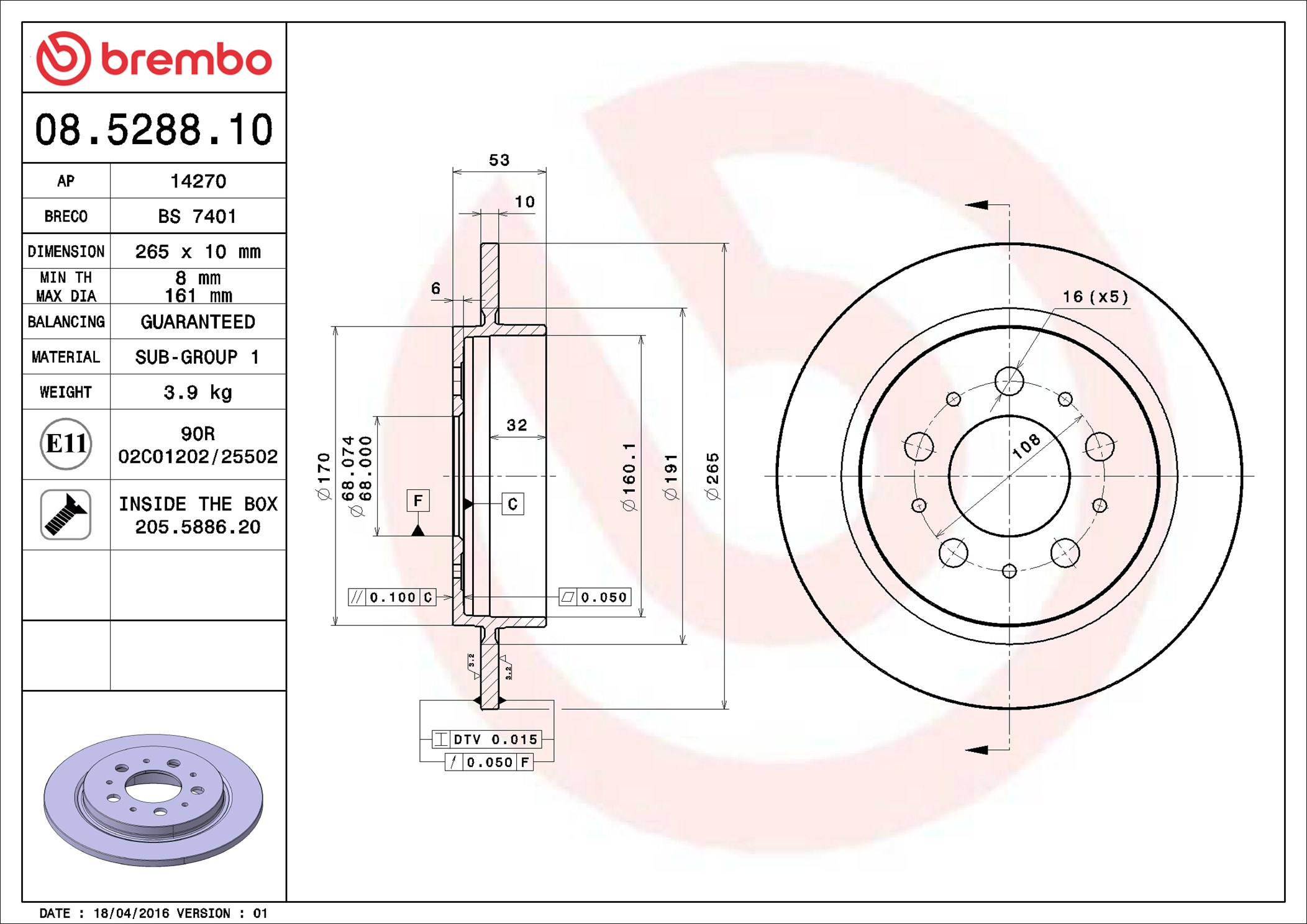 Disco freno BREMBO 08528810