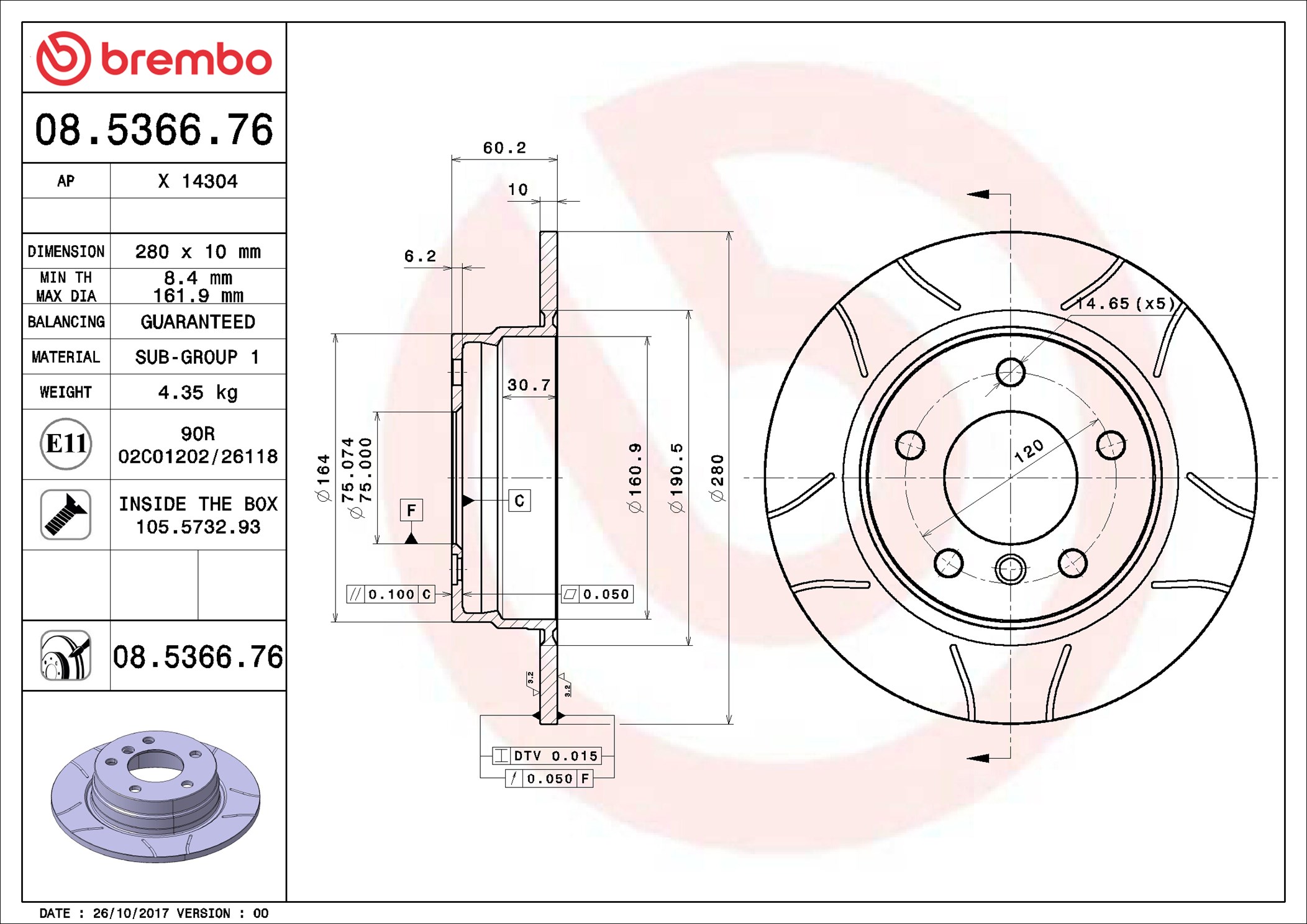 Disco freno BREMBO 08536676