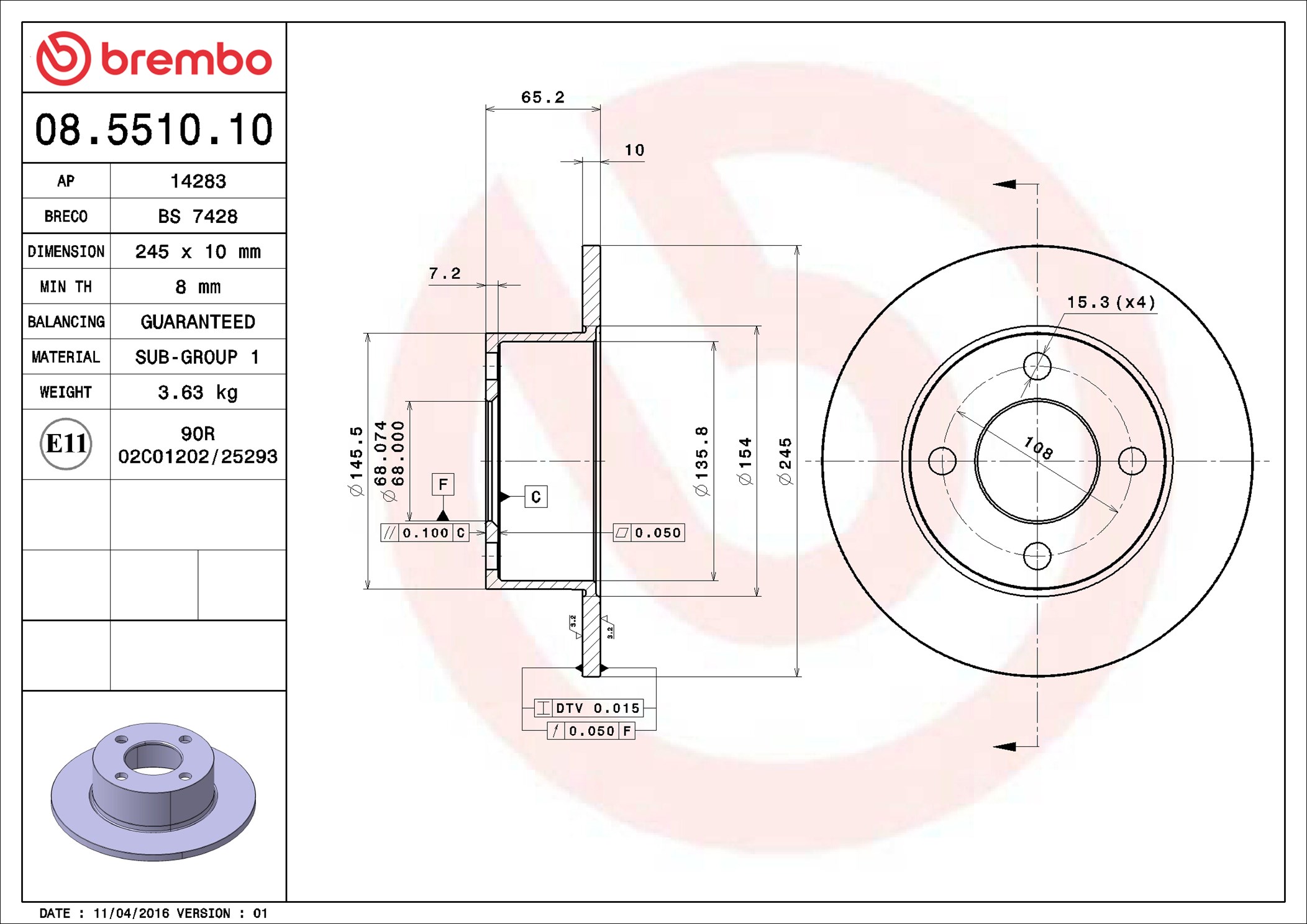Disco freno BREMBO 08551010