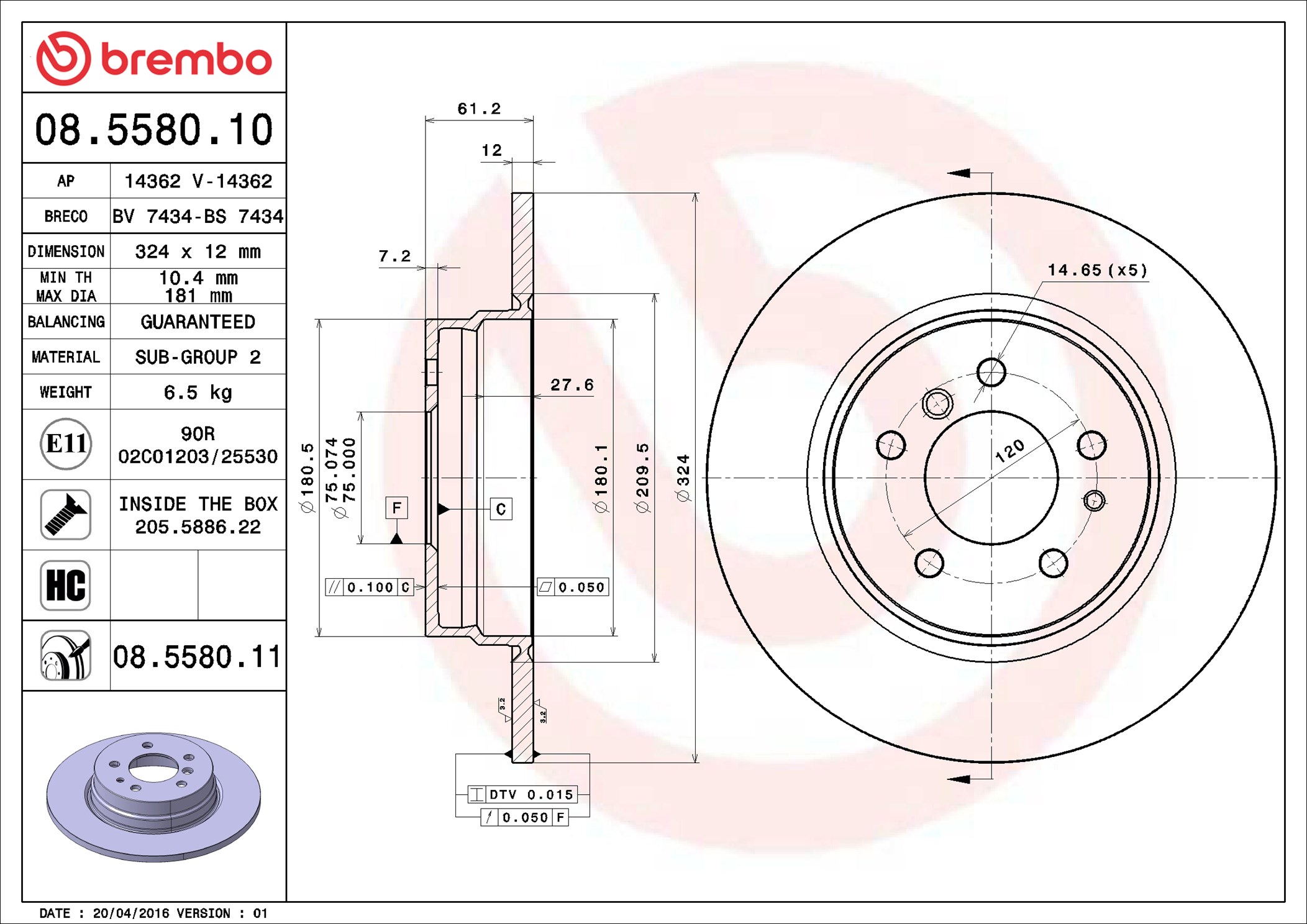 Disco freno BREMBO 08558011