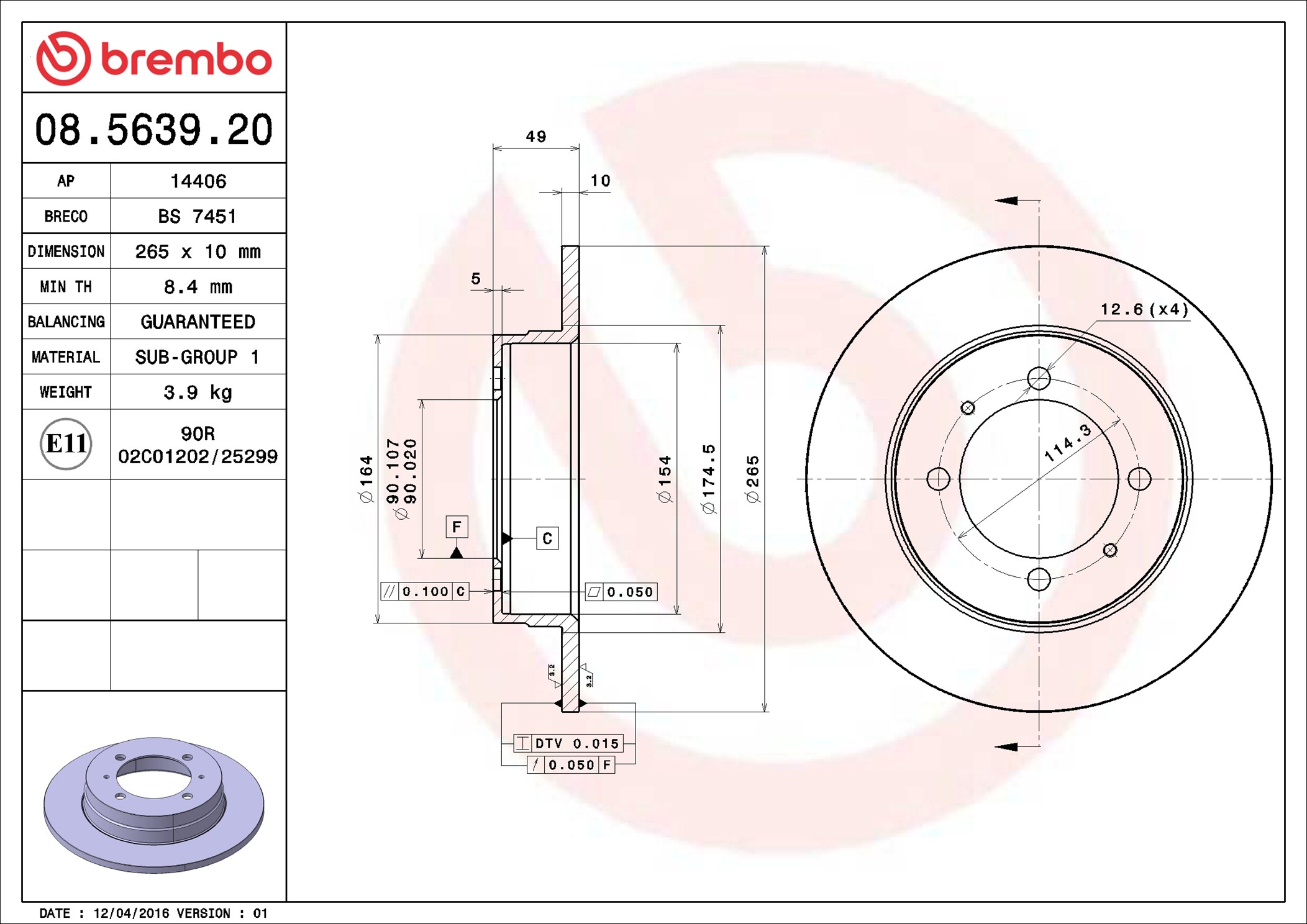 Disco freno BREMBO 08563920