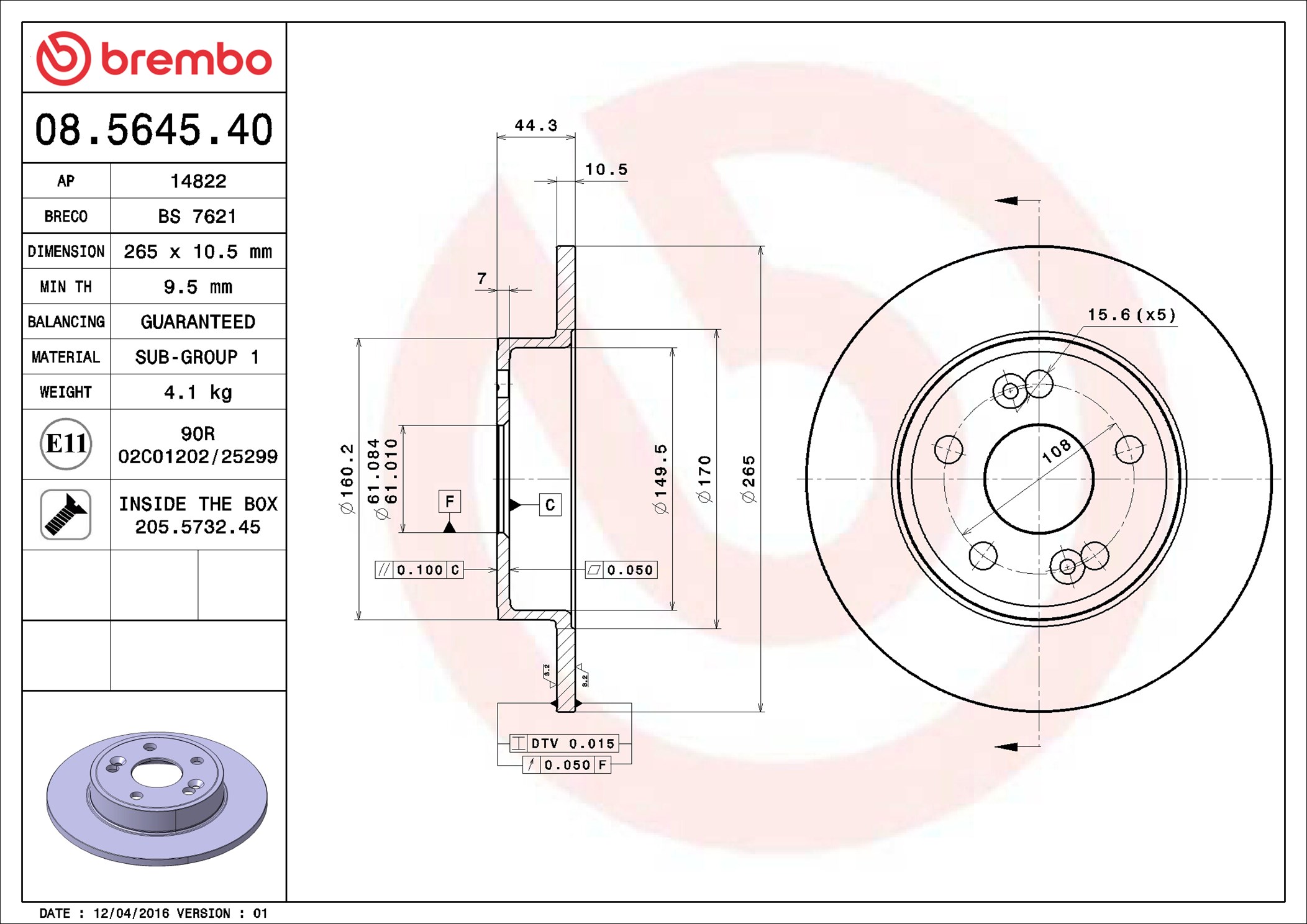 Disco freno BREMBO 08564540