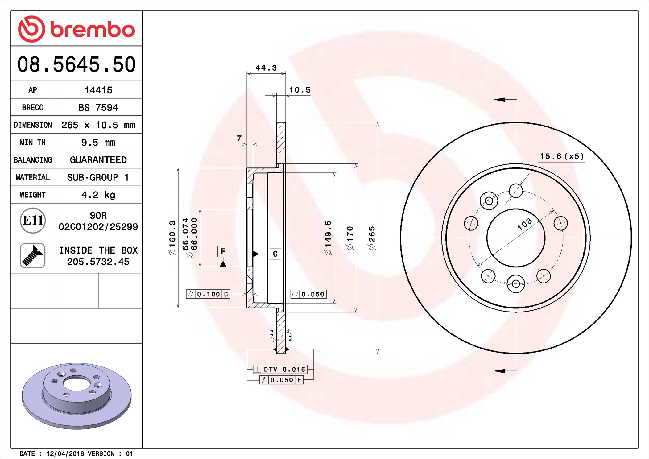 Disco freno BREMBO 08564550