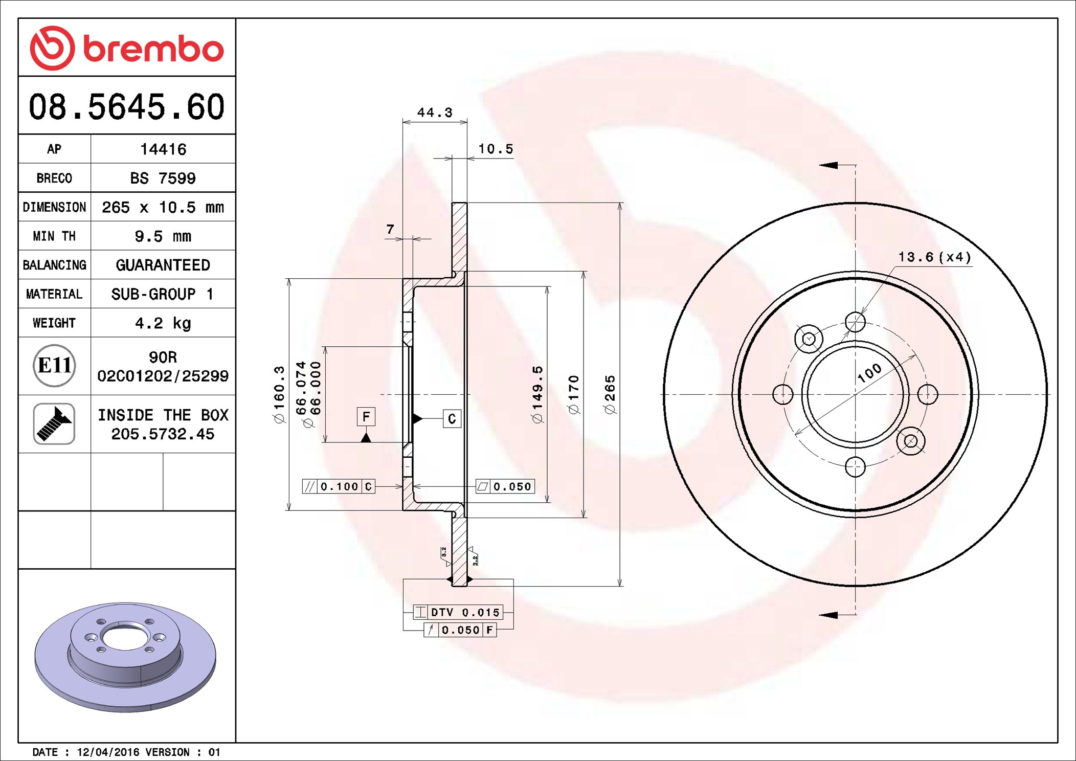 Disco freno BREMBO 08564560