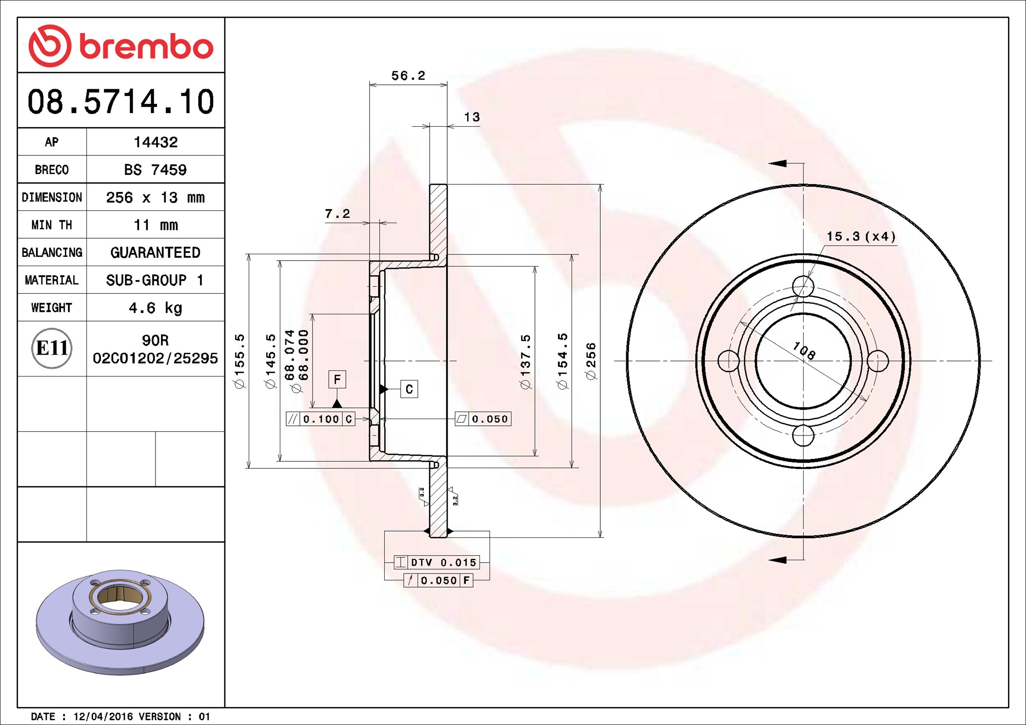 Disco freno BREMBO 08571410