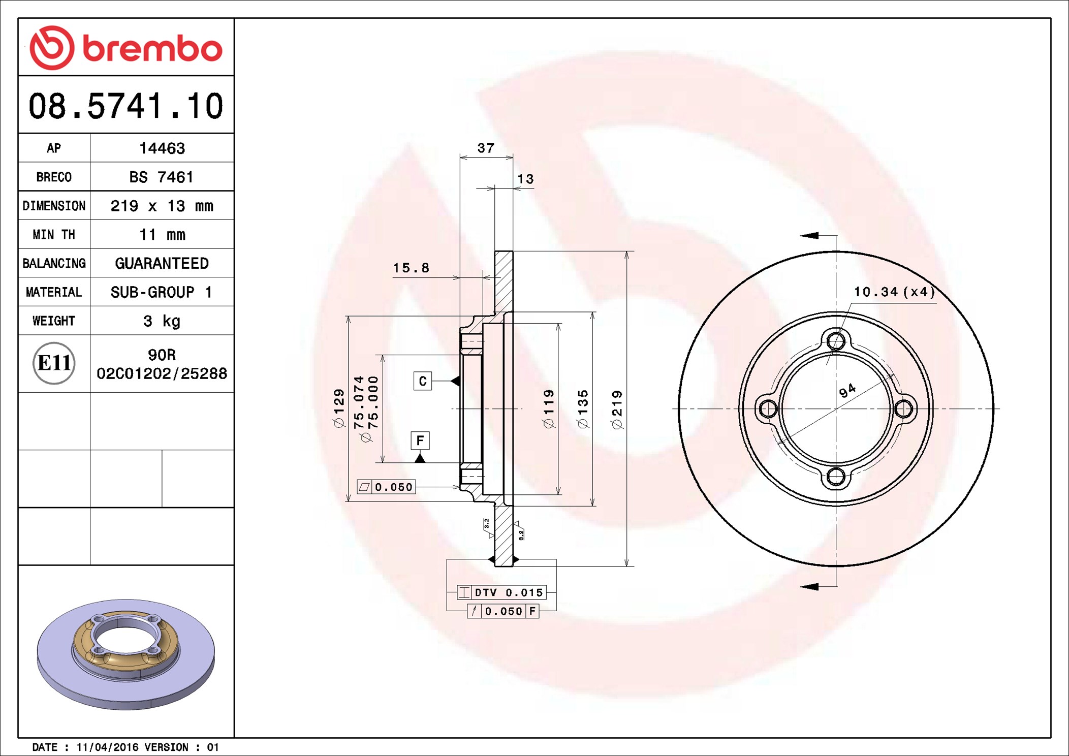 Disco freno BREMBO 08574110