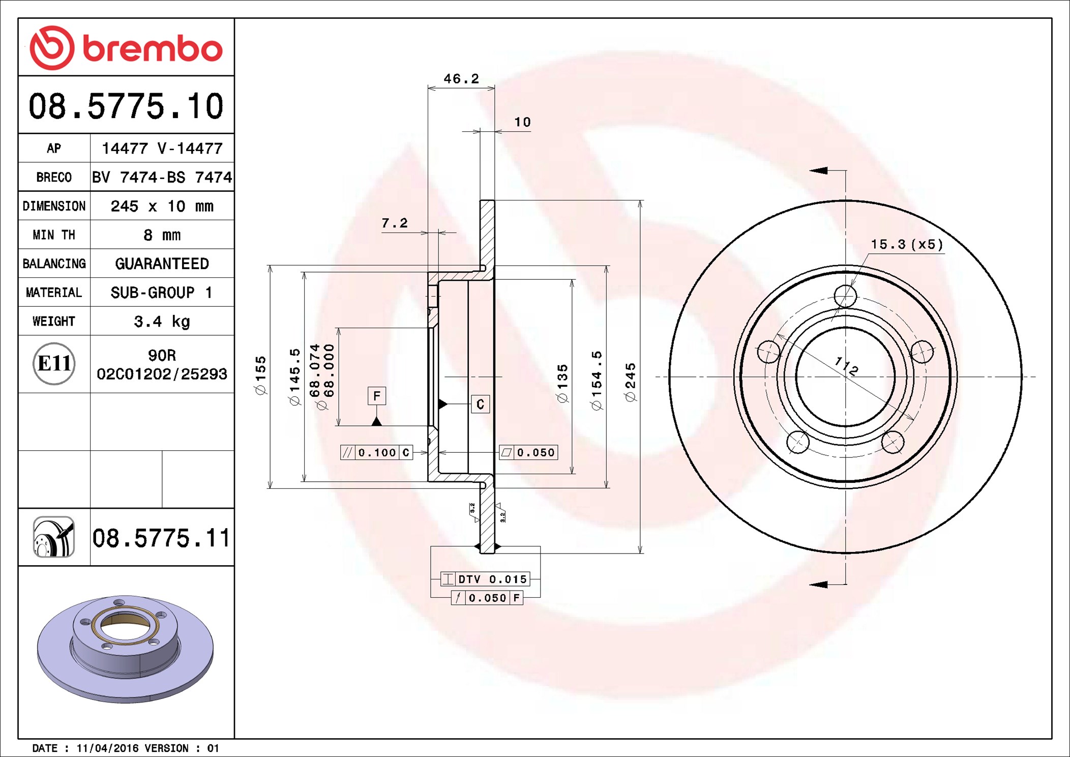 Disco freno BREMBO 08577511