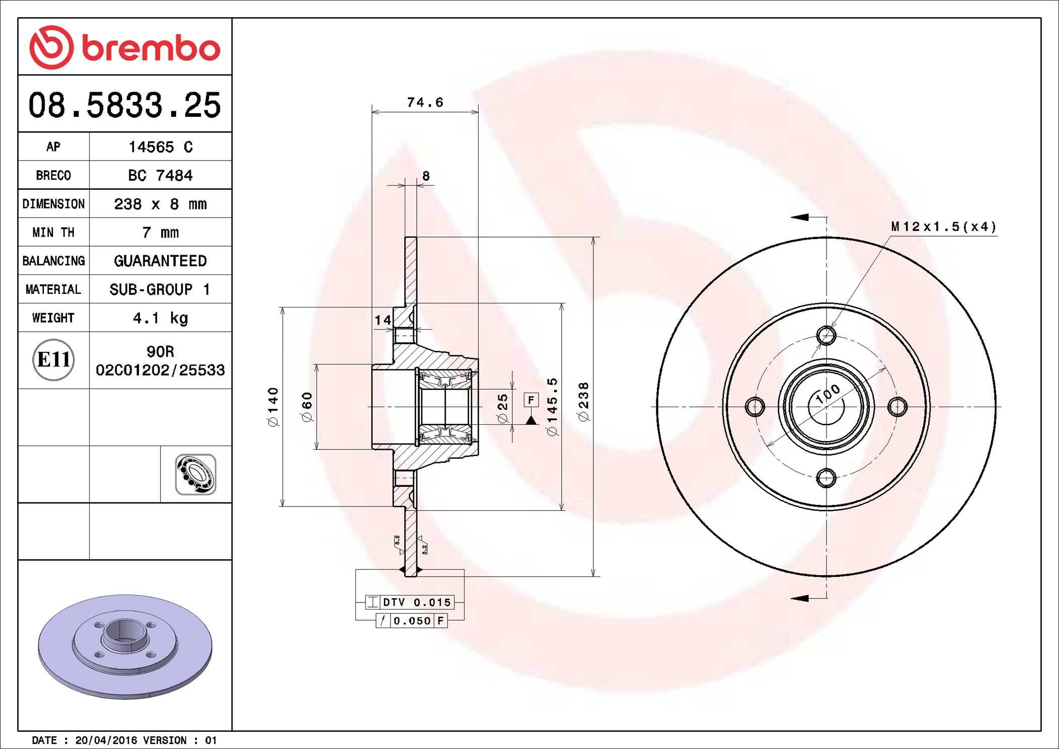 Disco freno BREMBO 08583325