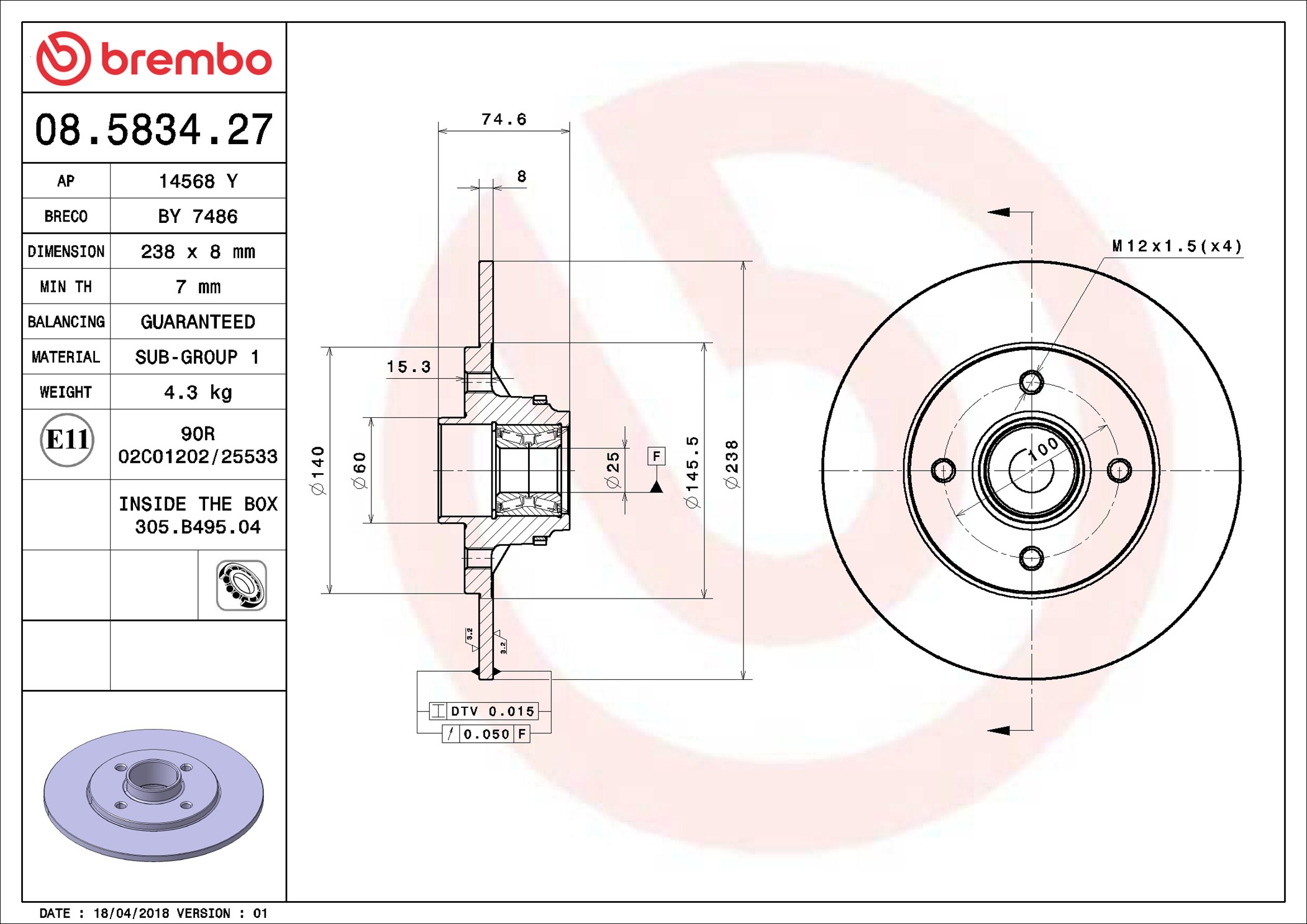 Disco freno BREMBO 08583427