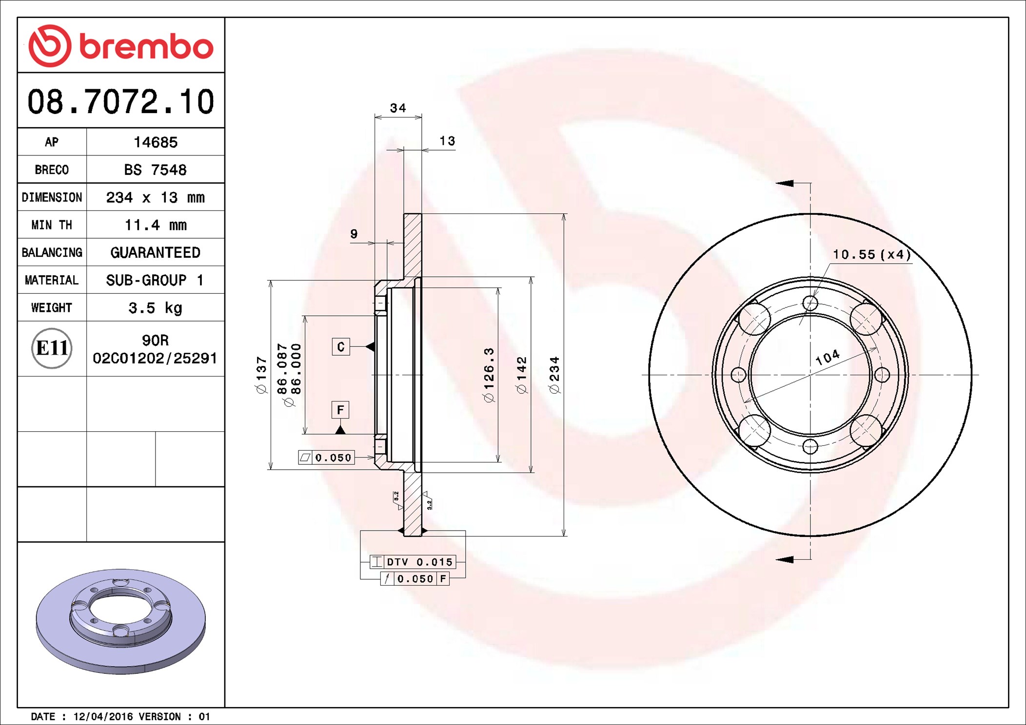 Disco freno BREMBO 08707210