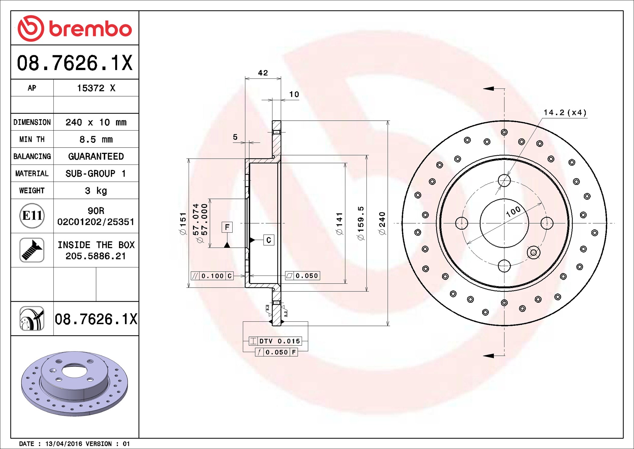 Disco freno BREMBO 0876261X