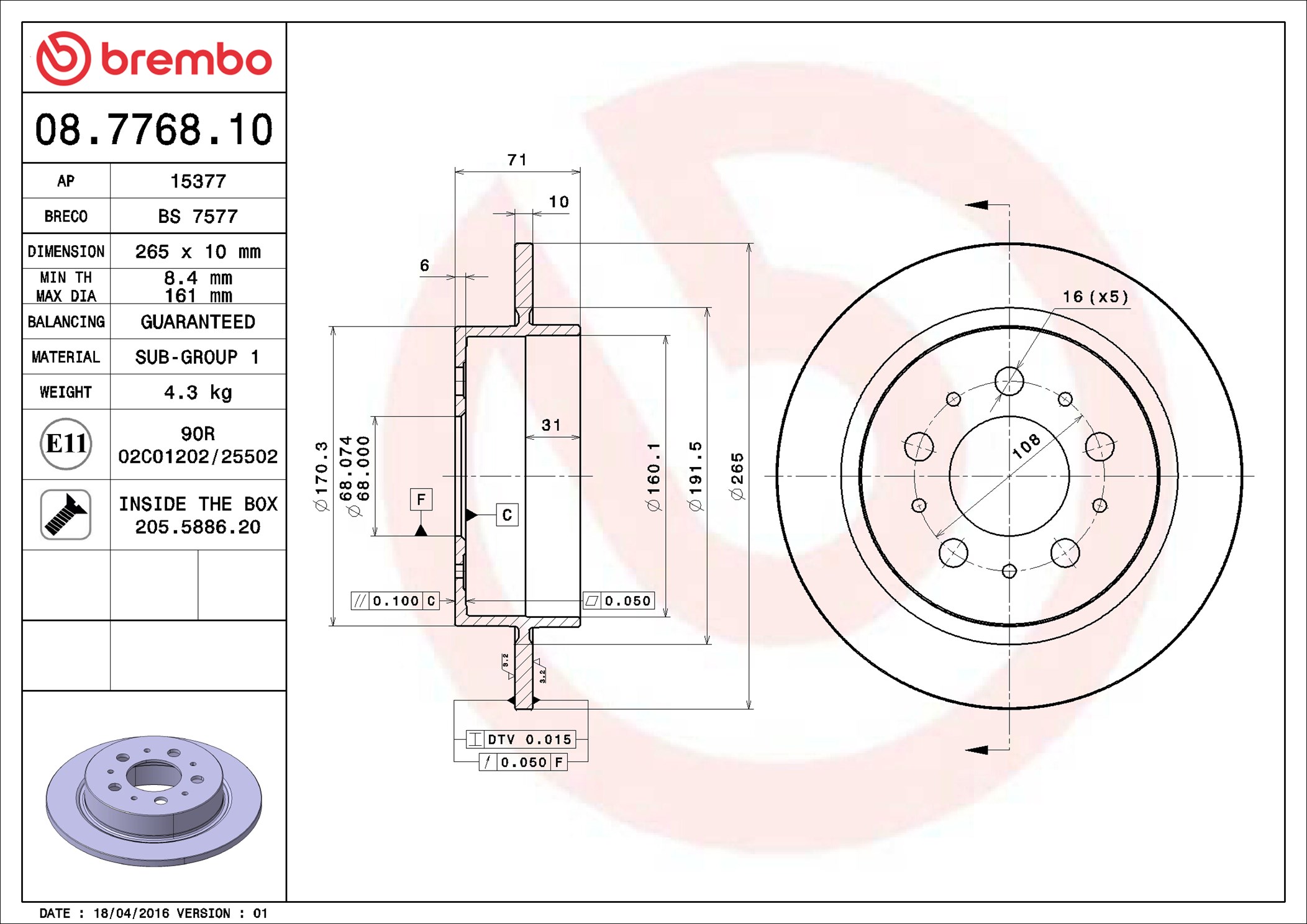 Disco freno BREMBO 08776810