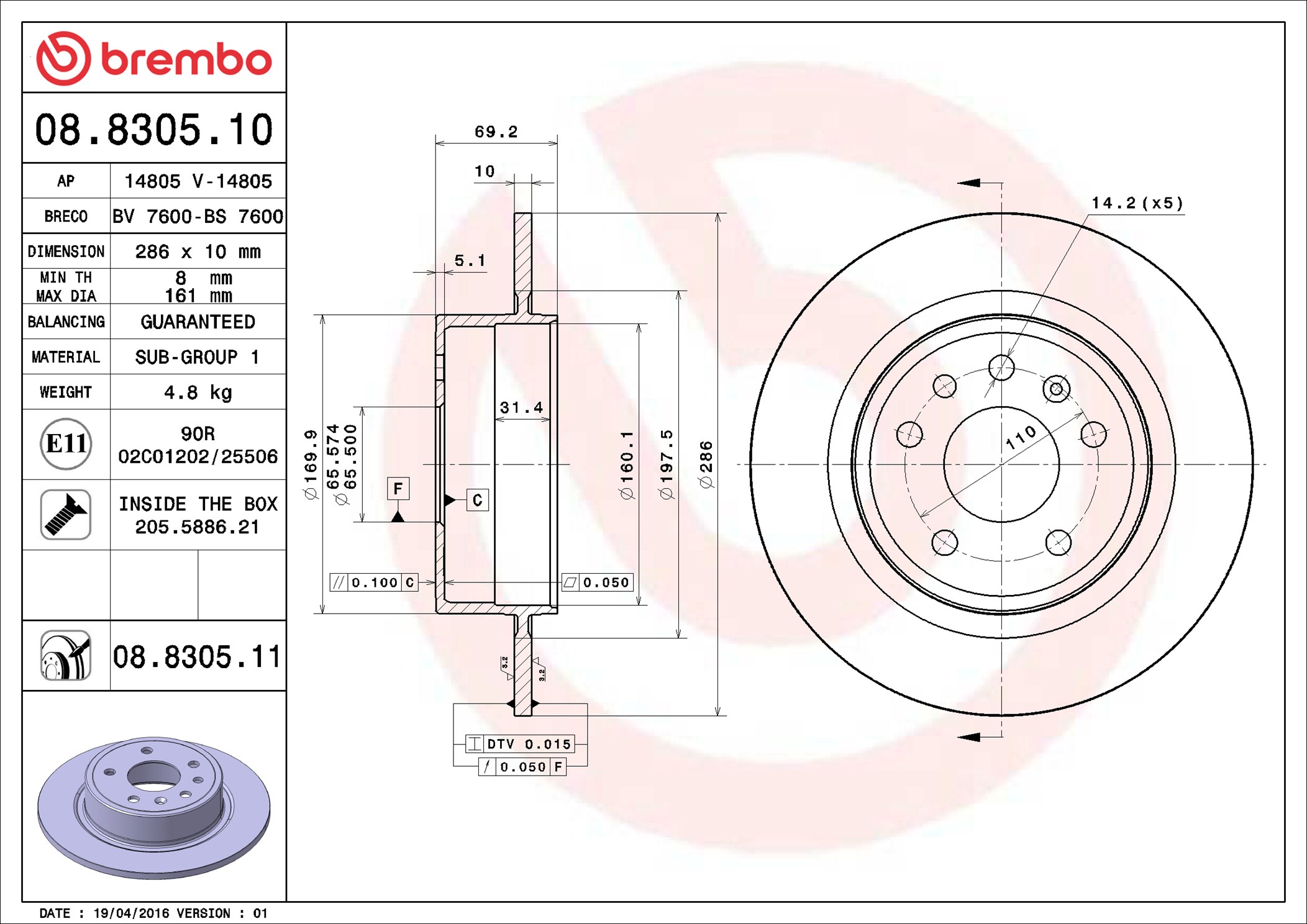 Disco freno BREMBO 08830511