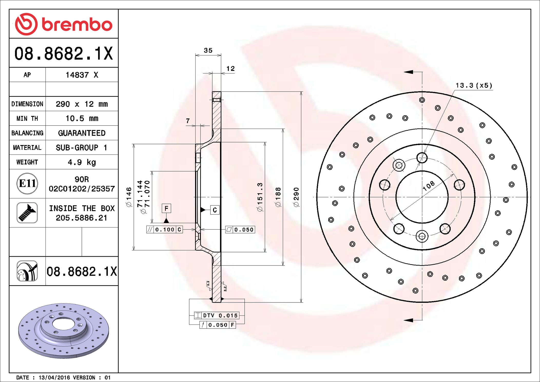 Disco freno BREMBO 0886821X