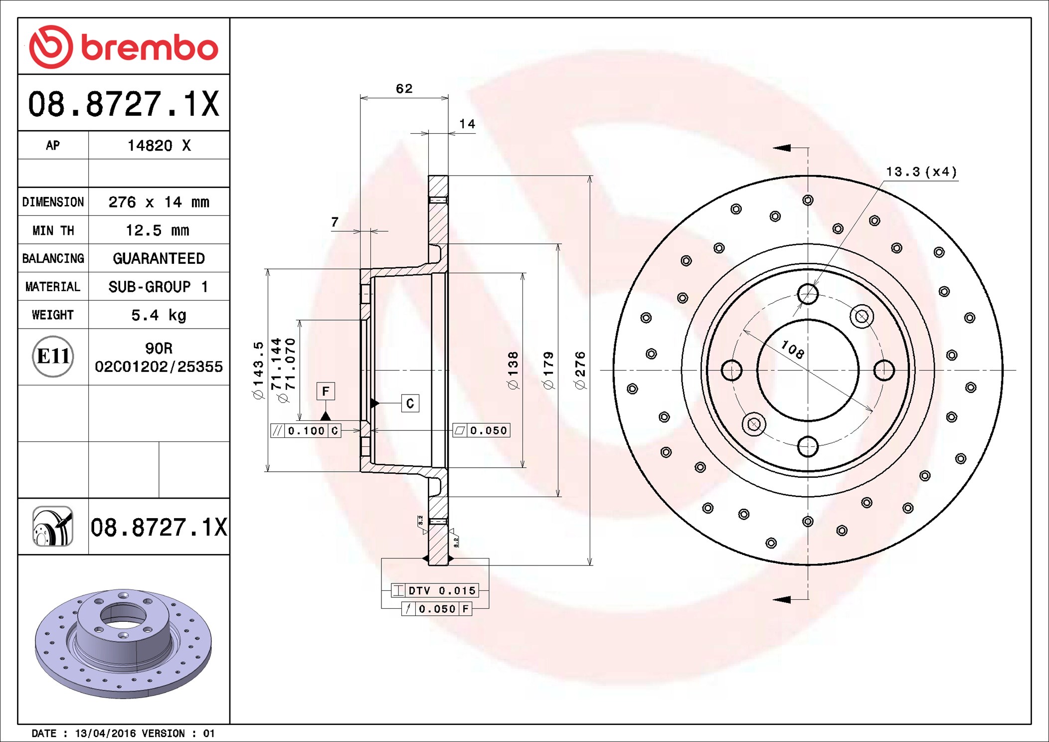 Disco freno BREMBO 0887271X