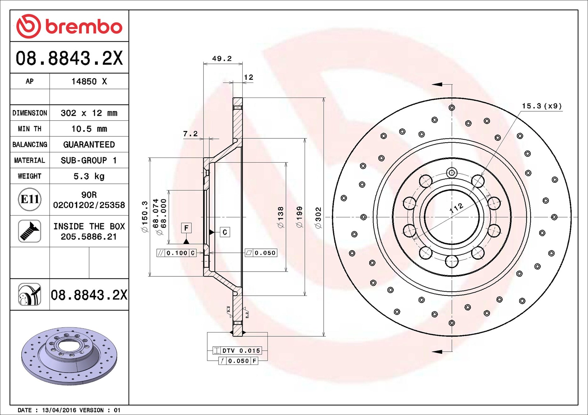Disco freno BREMBO 0888432X