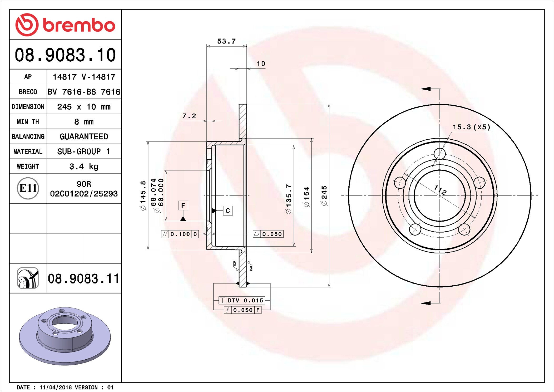 Disco freno BREMBO 08908311