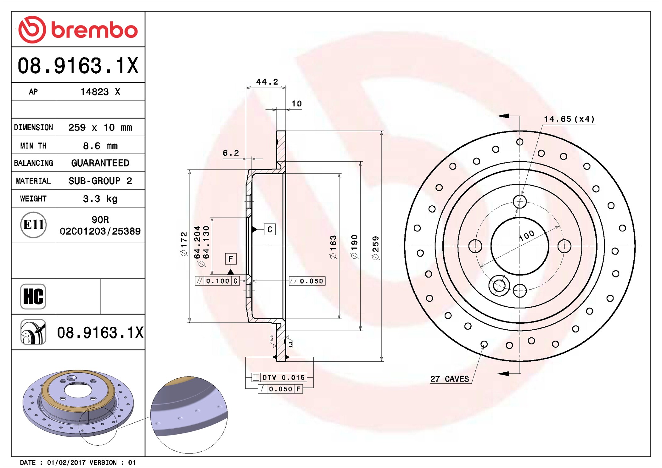 Disco freno BREMBO 0891631X