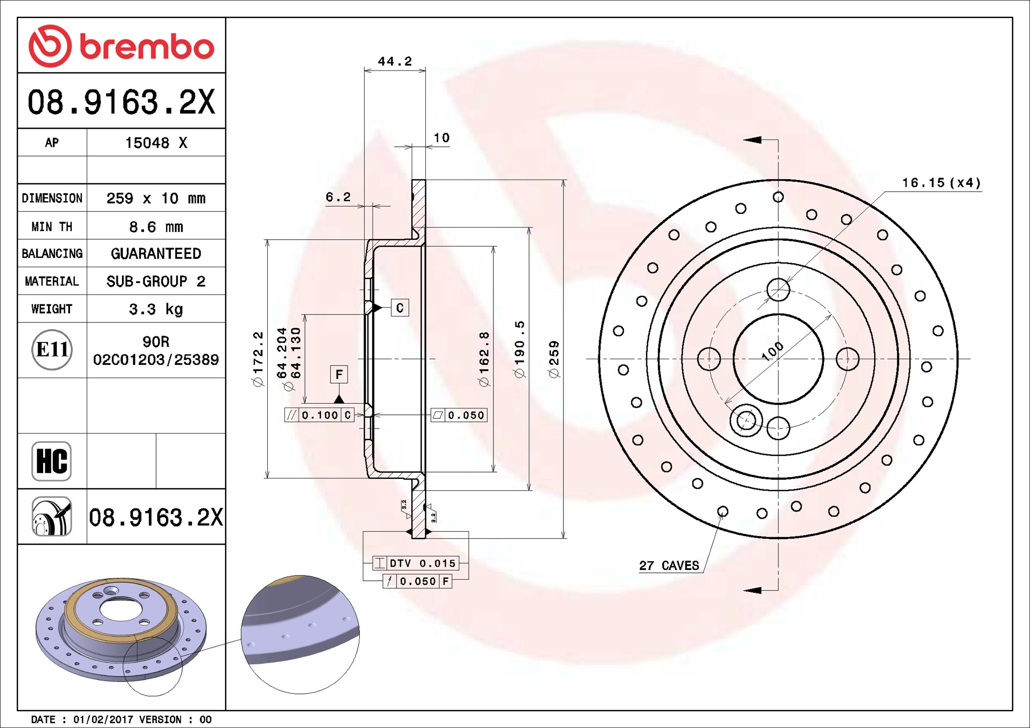 Disco freno BREMBO 0891632X