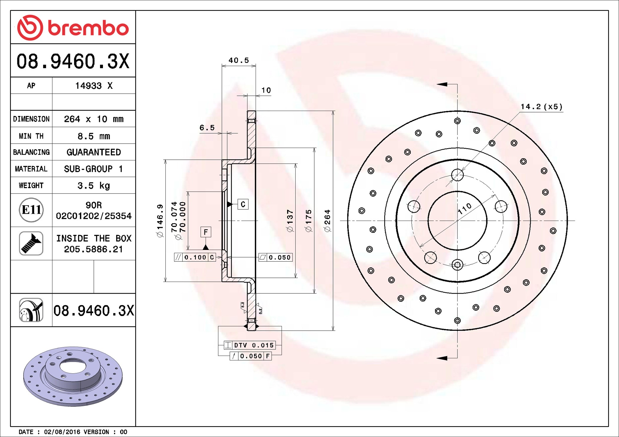Disco freno BREMBO 0894603X