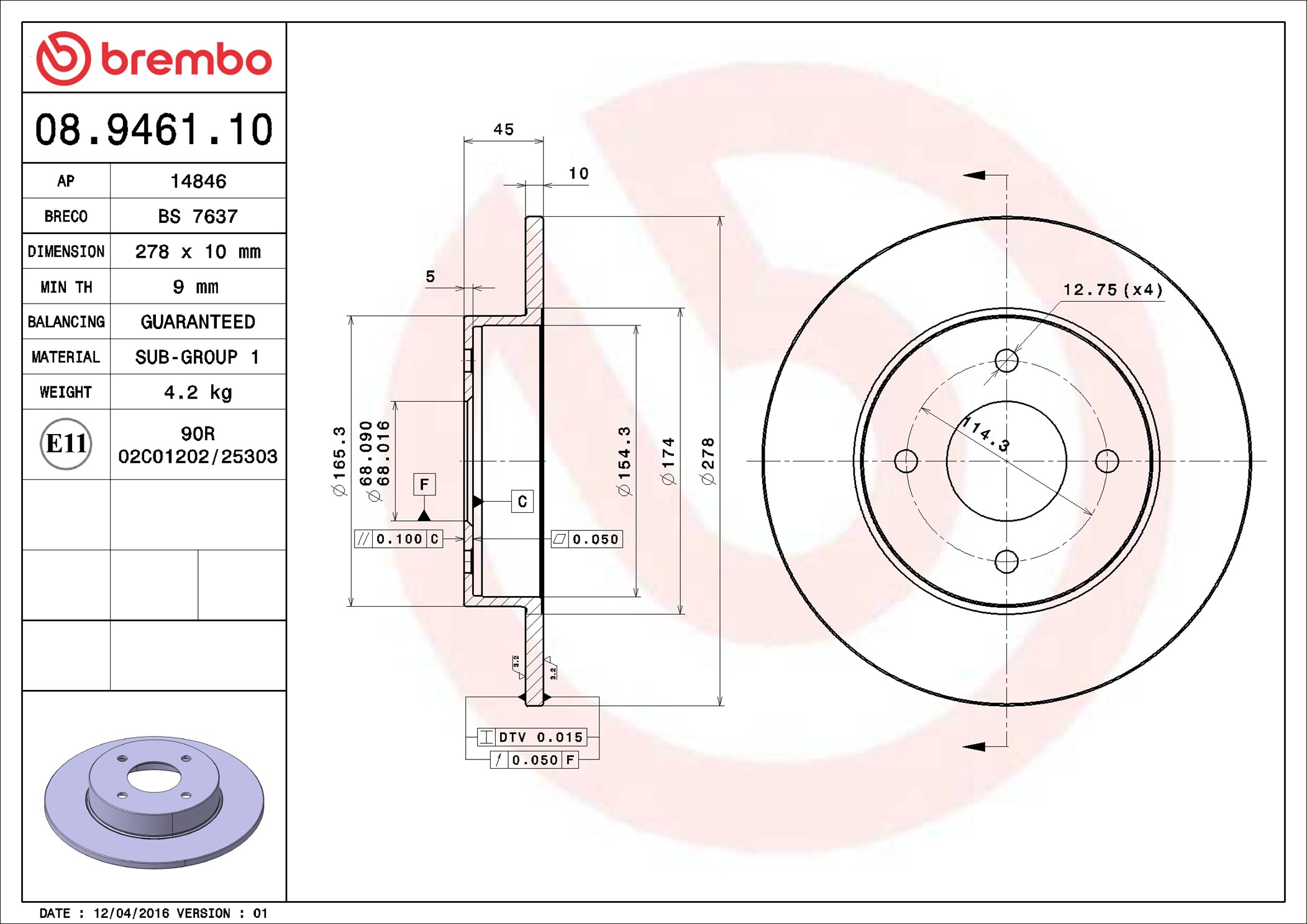 Disco freno BREMBO 08946110