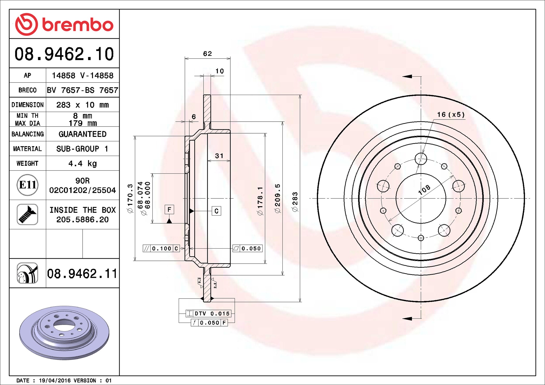 Disco freno BREMBO 08946211