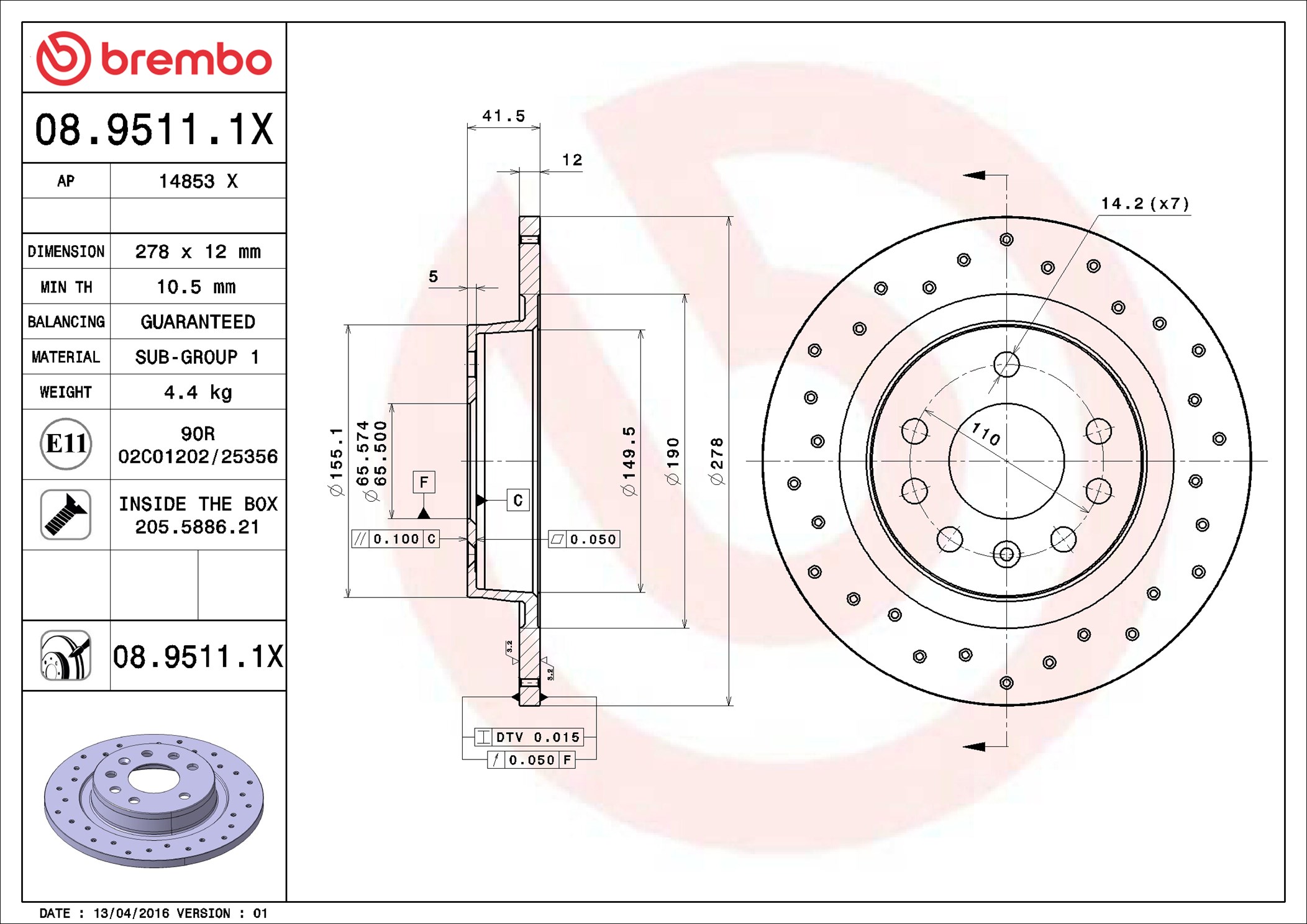 Disco freno BREMBO 0895111X