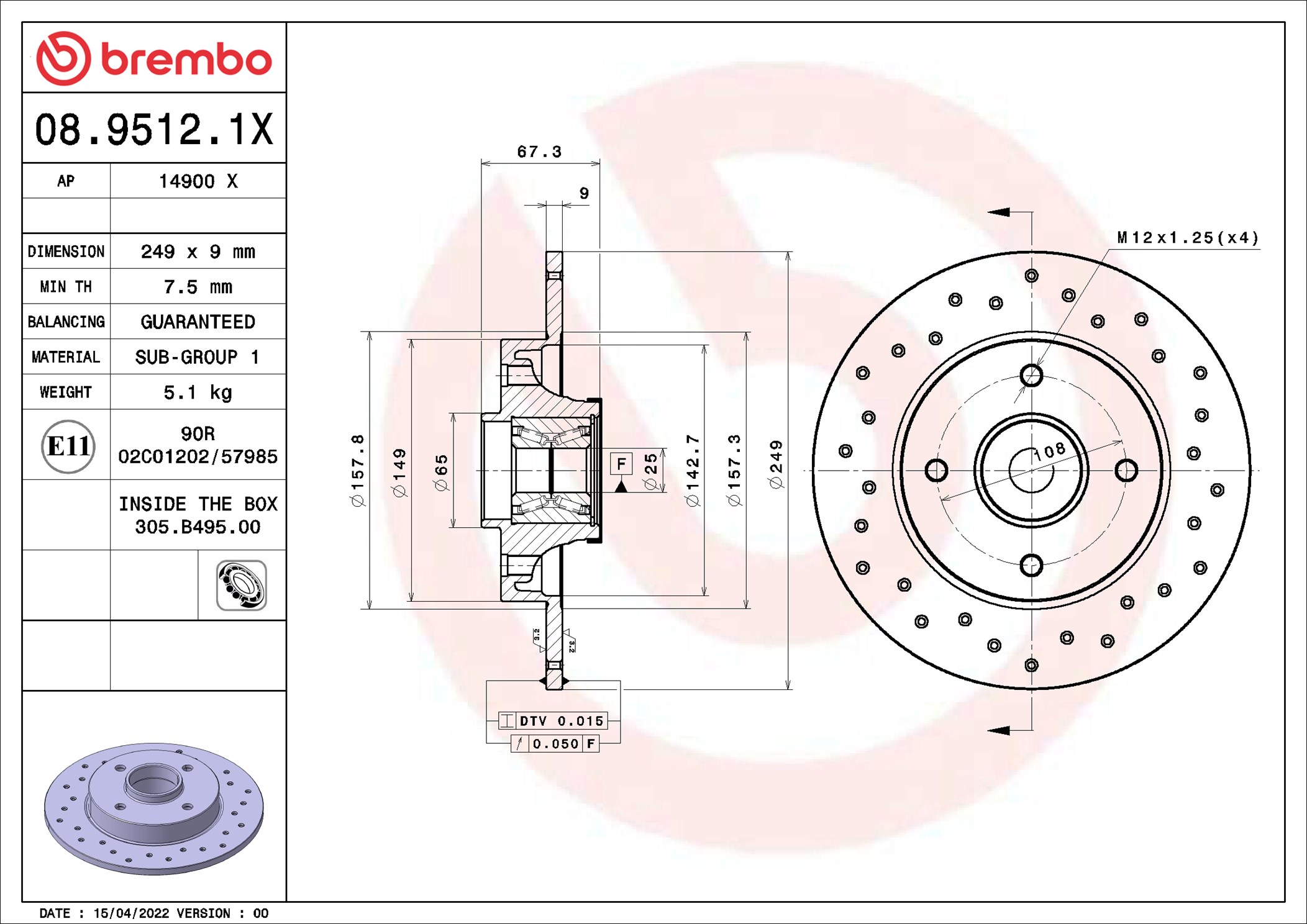 Disco freno BREMBO 0895121X