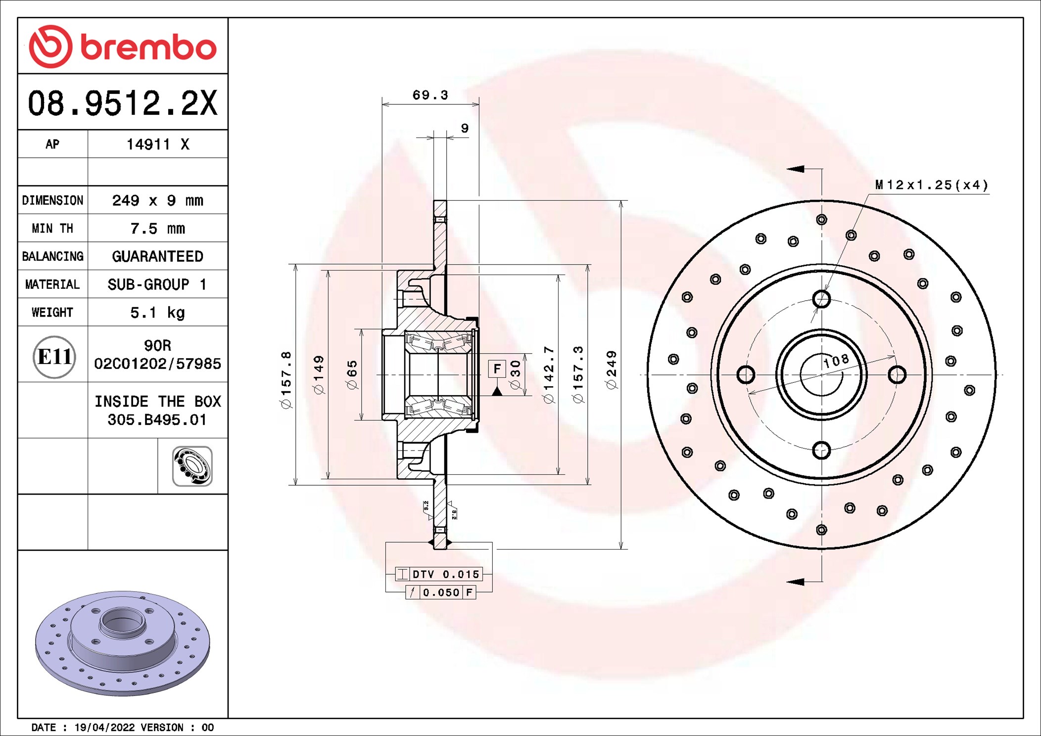 Disco freno BREMBO 0895122X