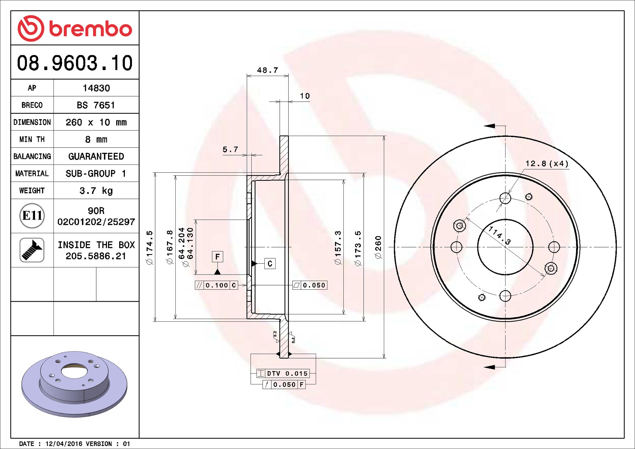 Disco freno BREMBO 08960310