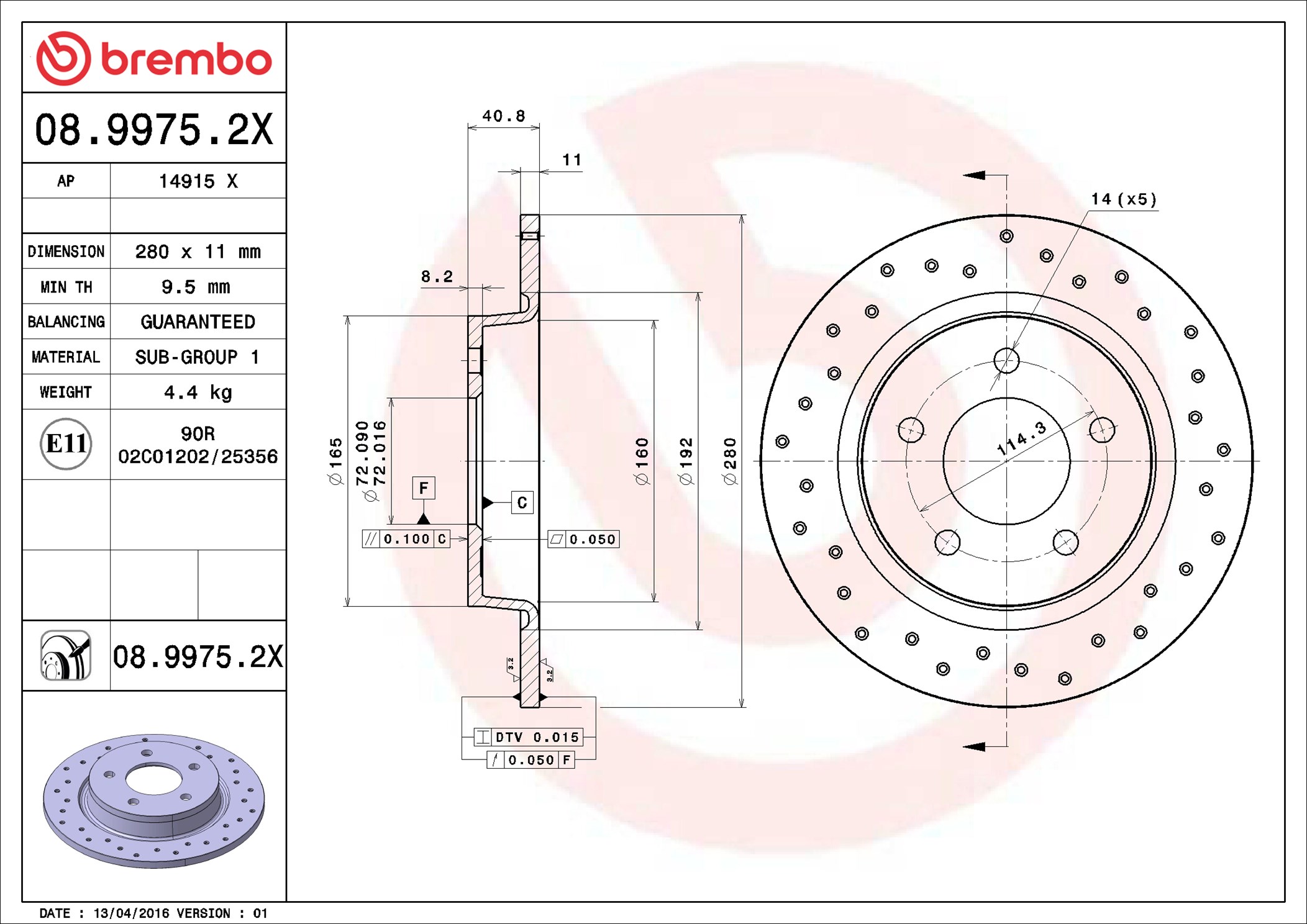 Disco freno BREMBO 0899752X