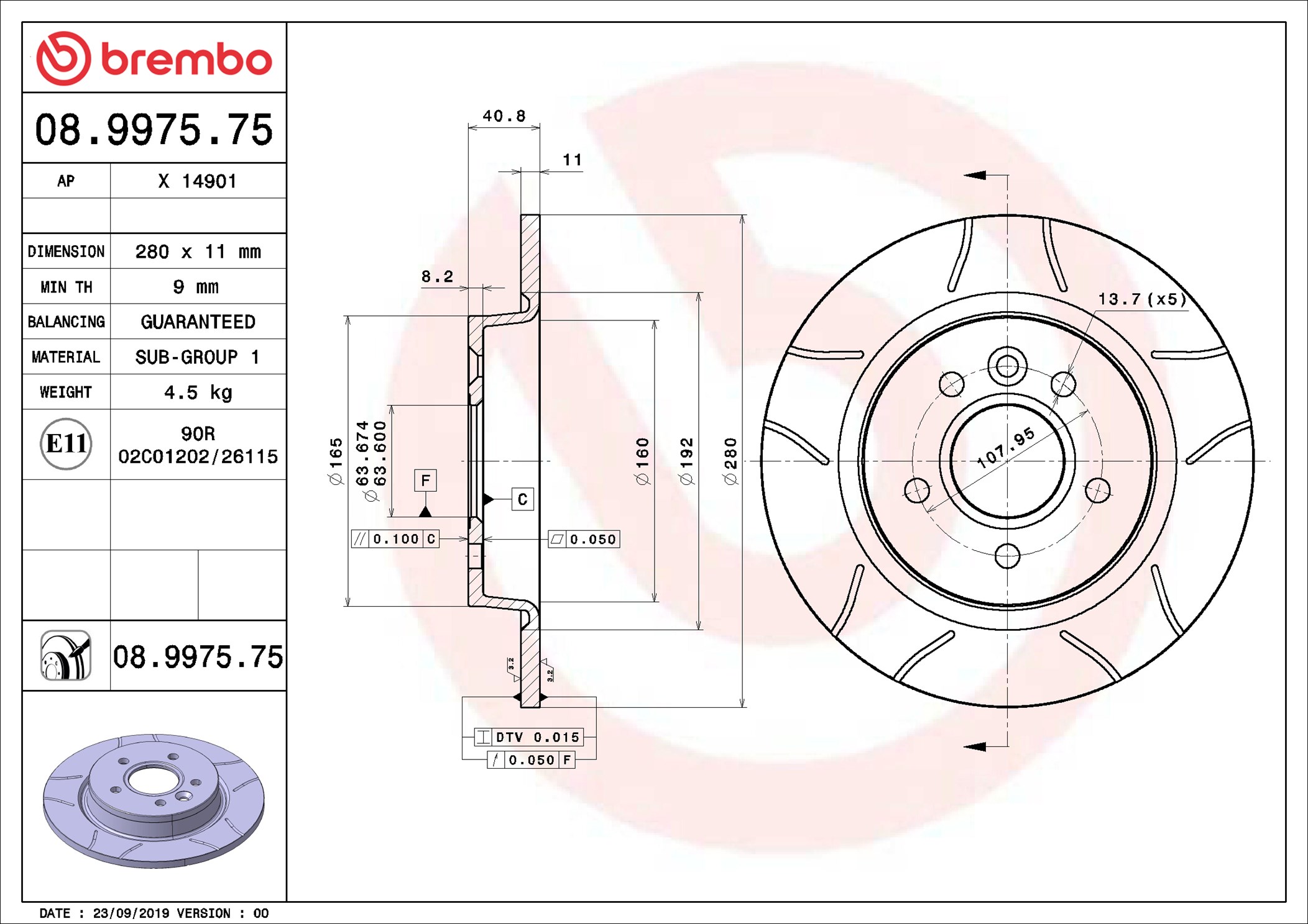 Disco freno BREMBO 08997575