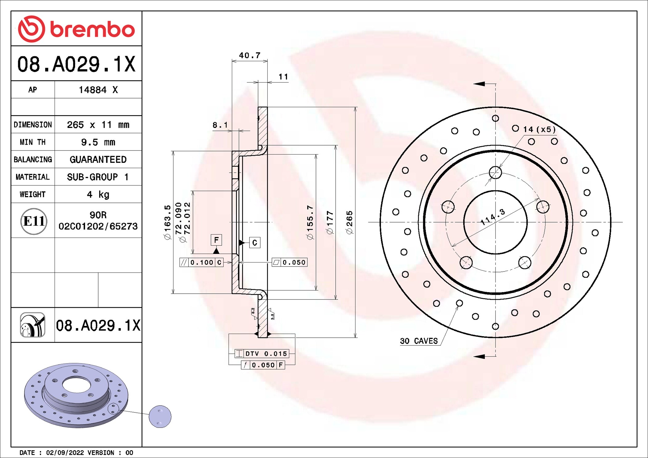 Disco freno BREMBO 08A0291X
