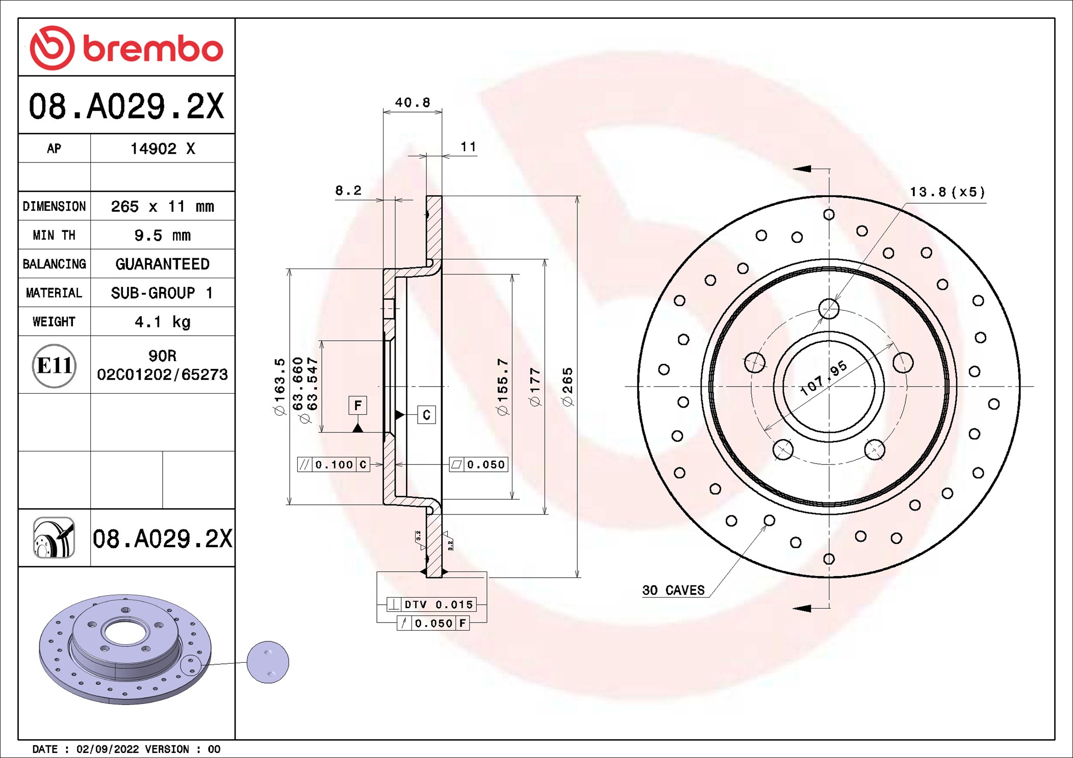 Disco freno BREMBO 08A0292X