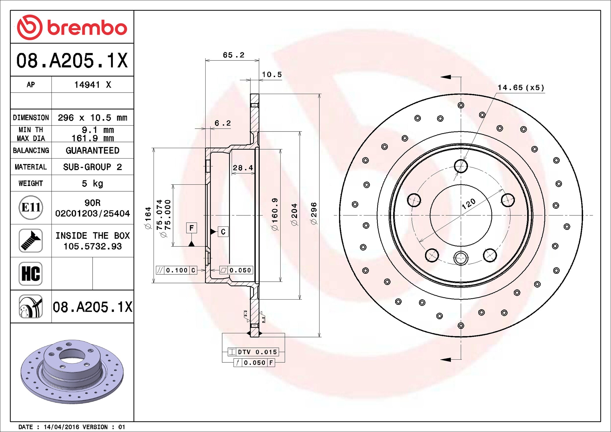 Disco freno BREMBO 08A2051X