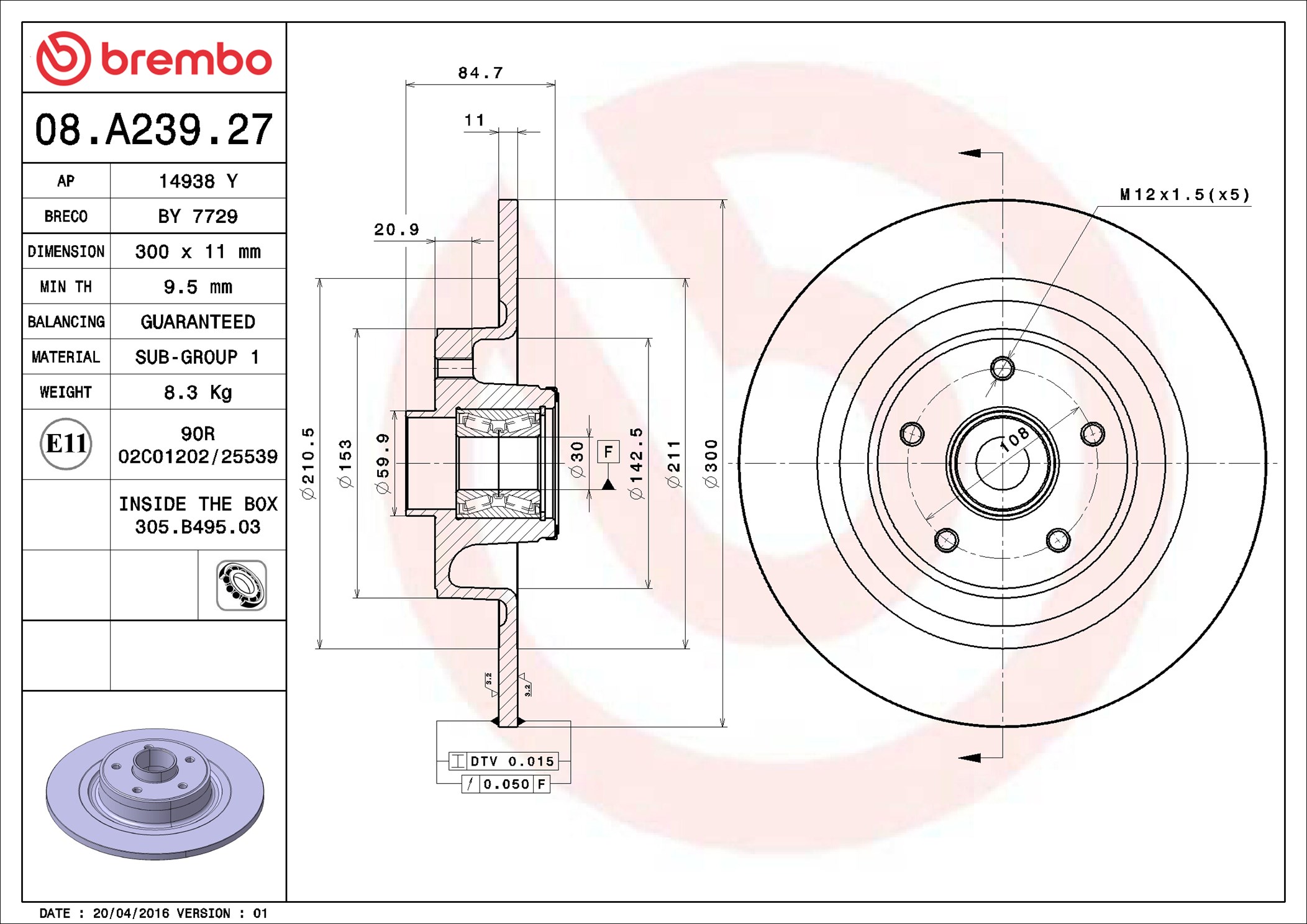 Disco freno BREMBO 08A23927