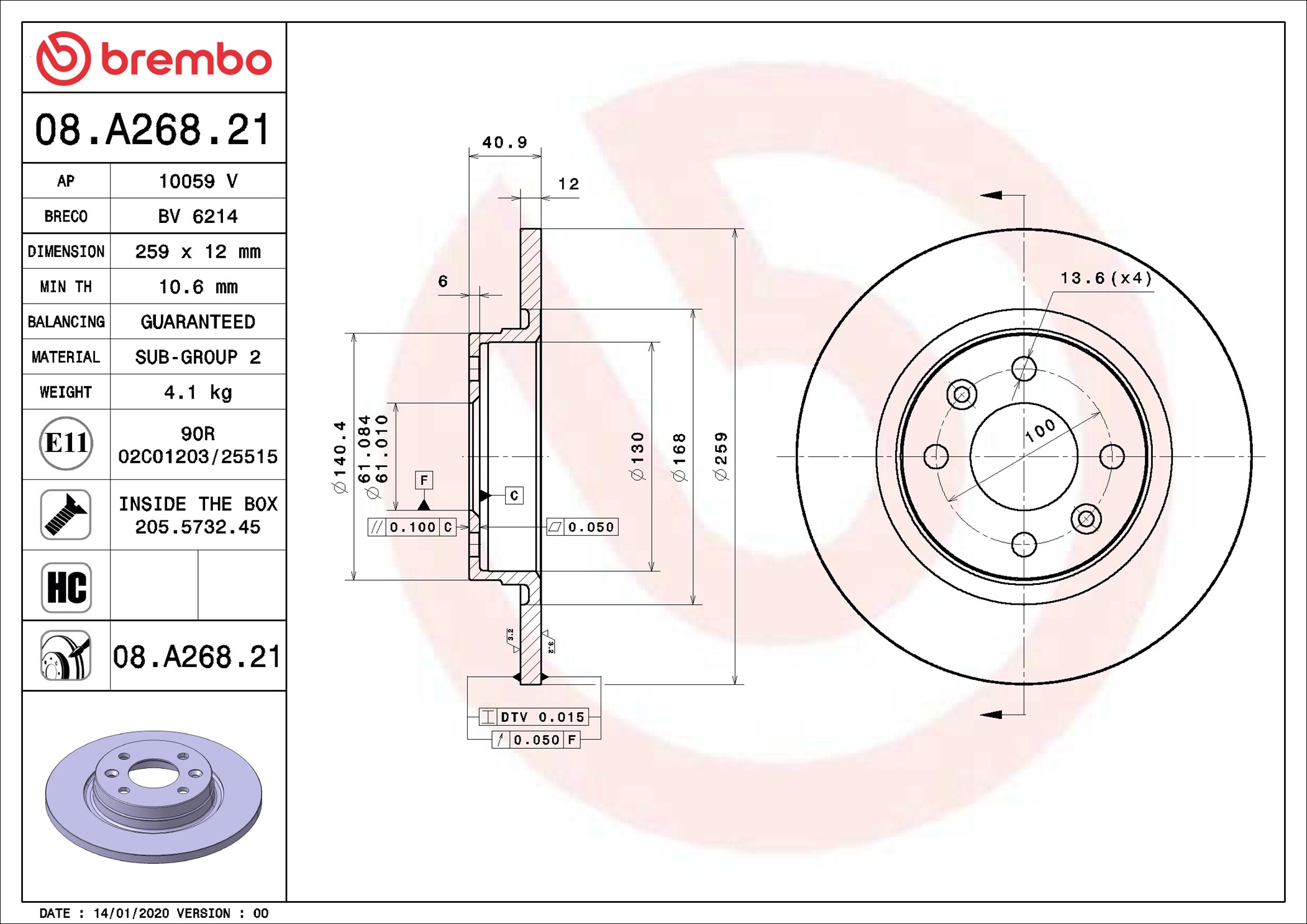 Disco freno BREMBO 08A26821