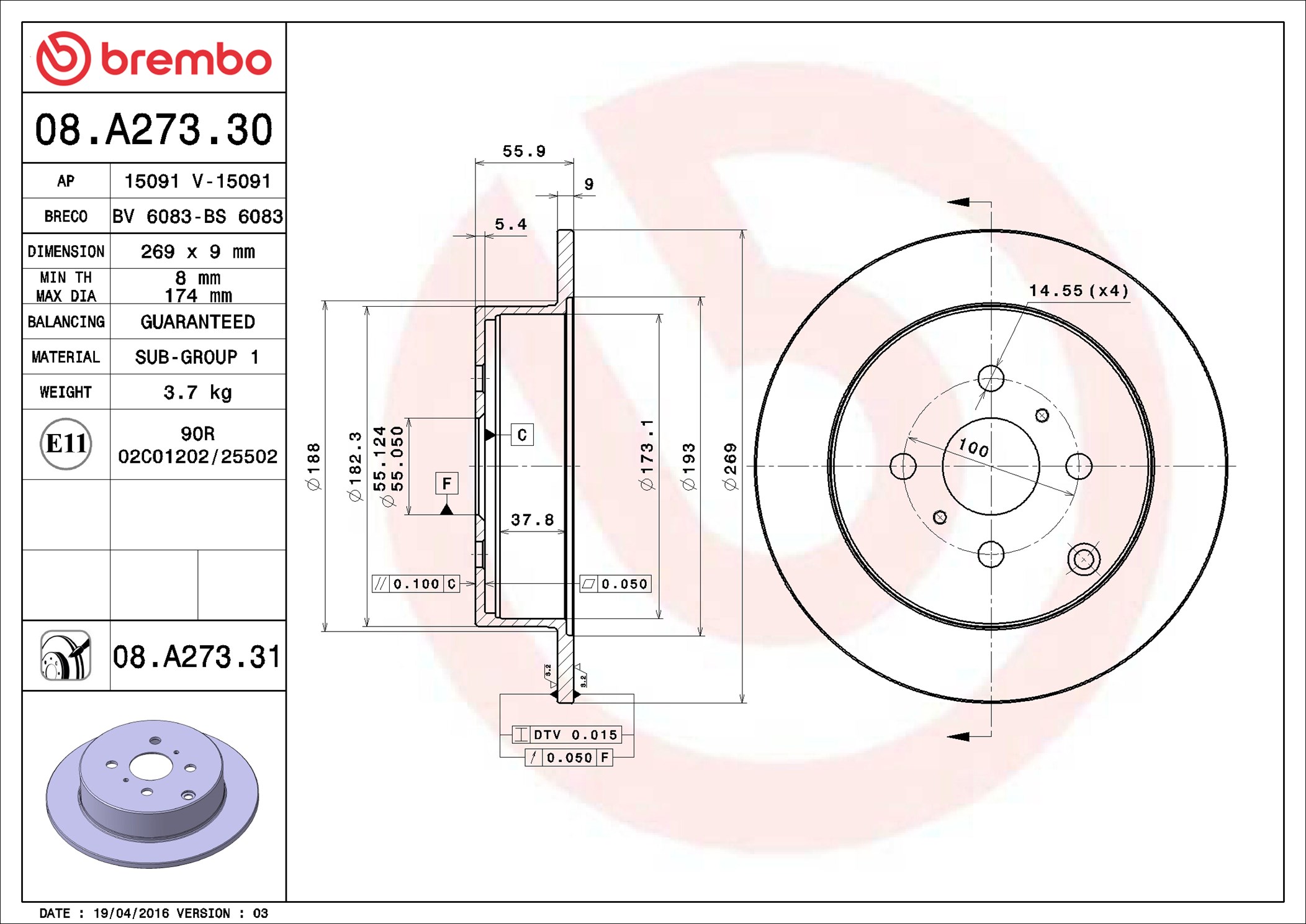 Disco freno BREMBO 08A27331